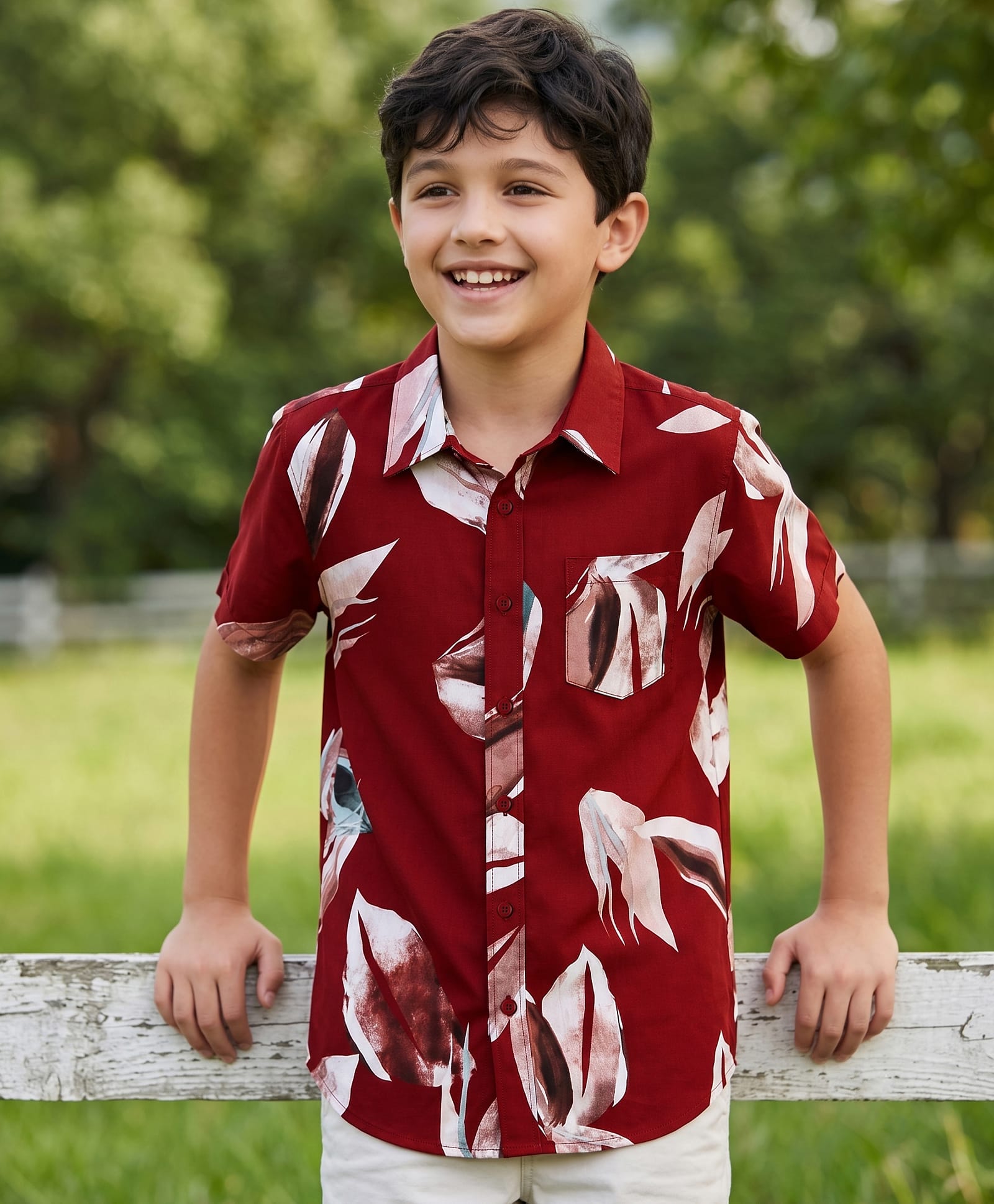Pine Kids Cotton Woven Half Sleeves Leafy Printed Shirt - Dark Red-picture-12
