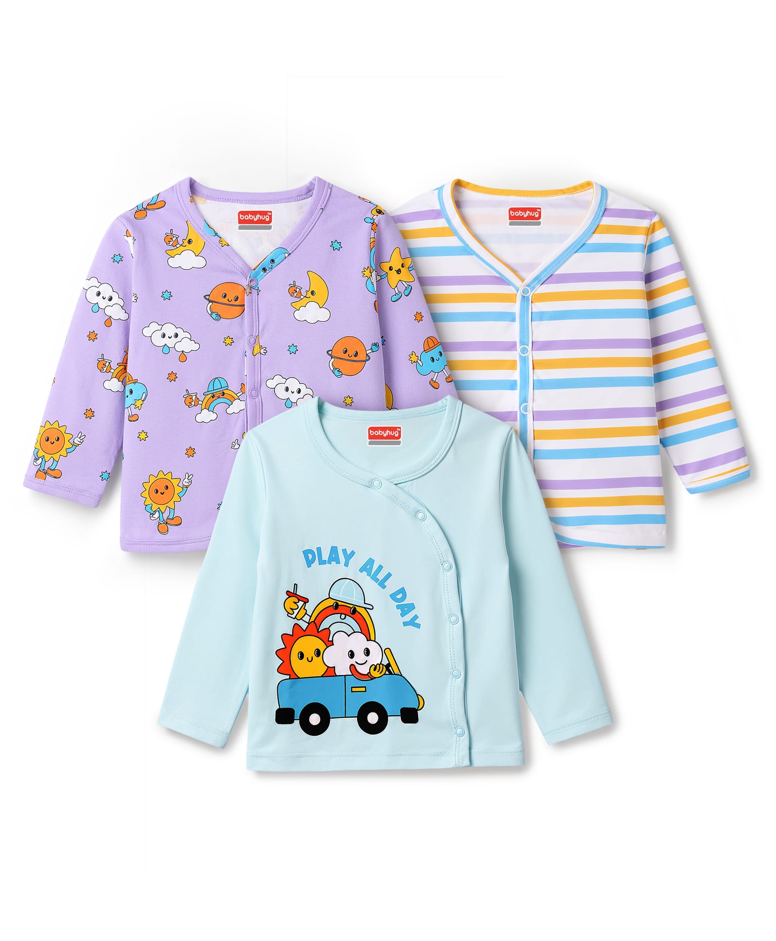 Babyhug 100% Cotton Knit Full Sleeves Jhablas with Sky Print Pack of 3 - Multicolor-picture-11