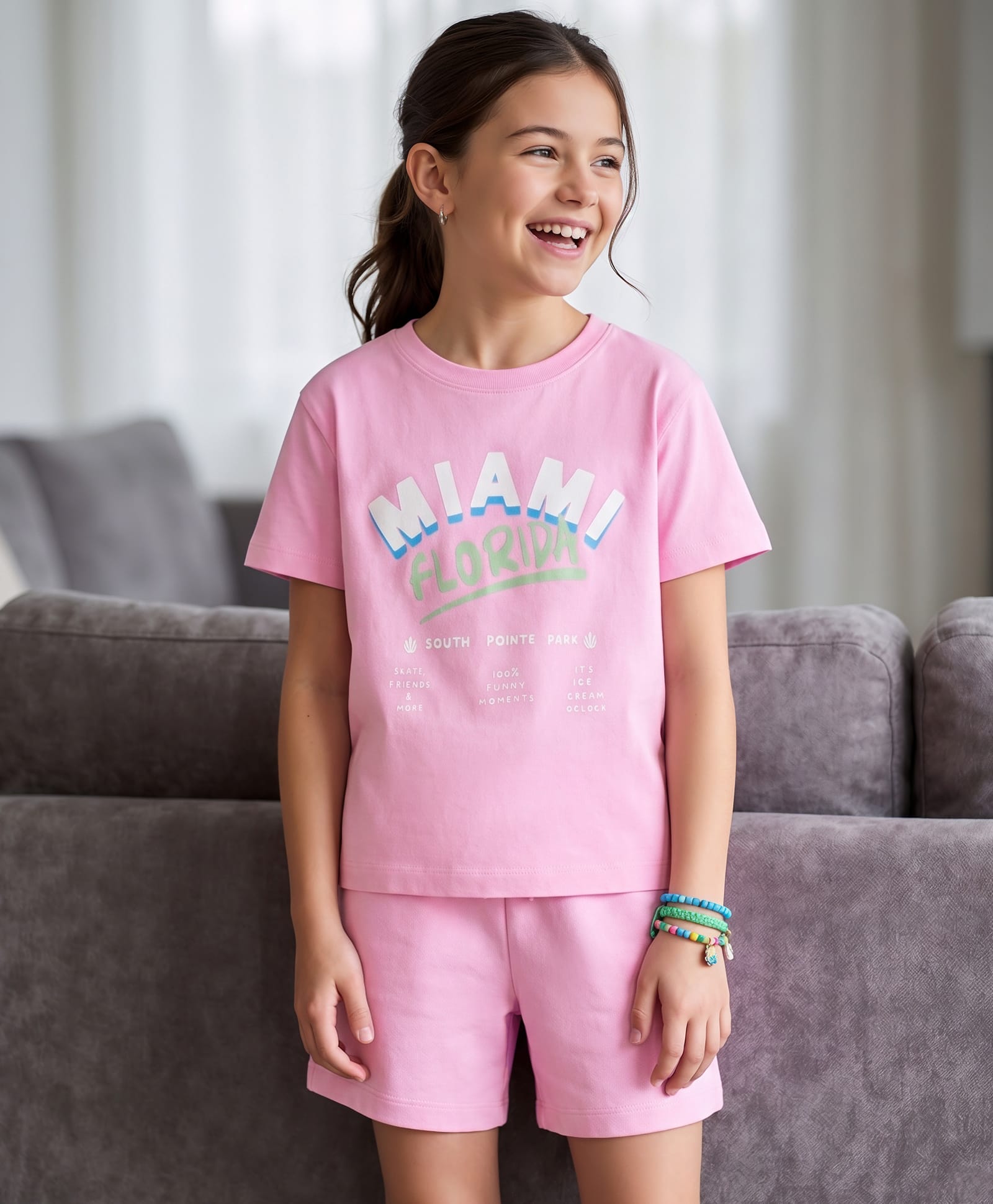 Pine Kids Cotton Knit Half Sleeves Top & Shorts Set with Miami Print - Pink-image-41