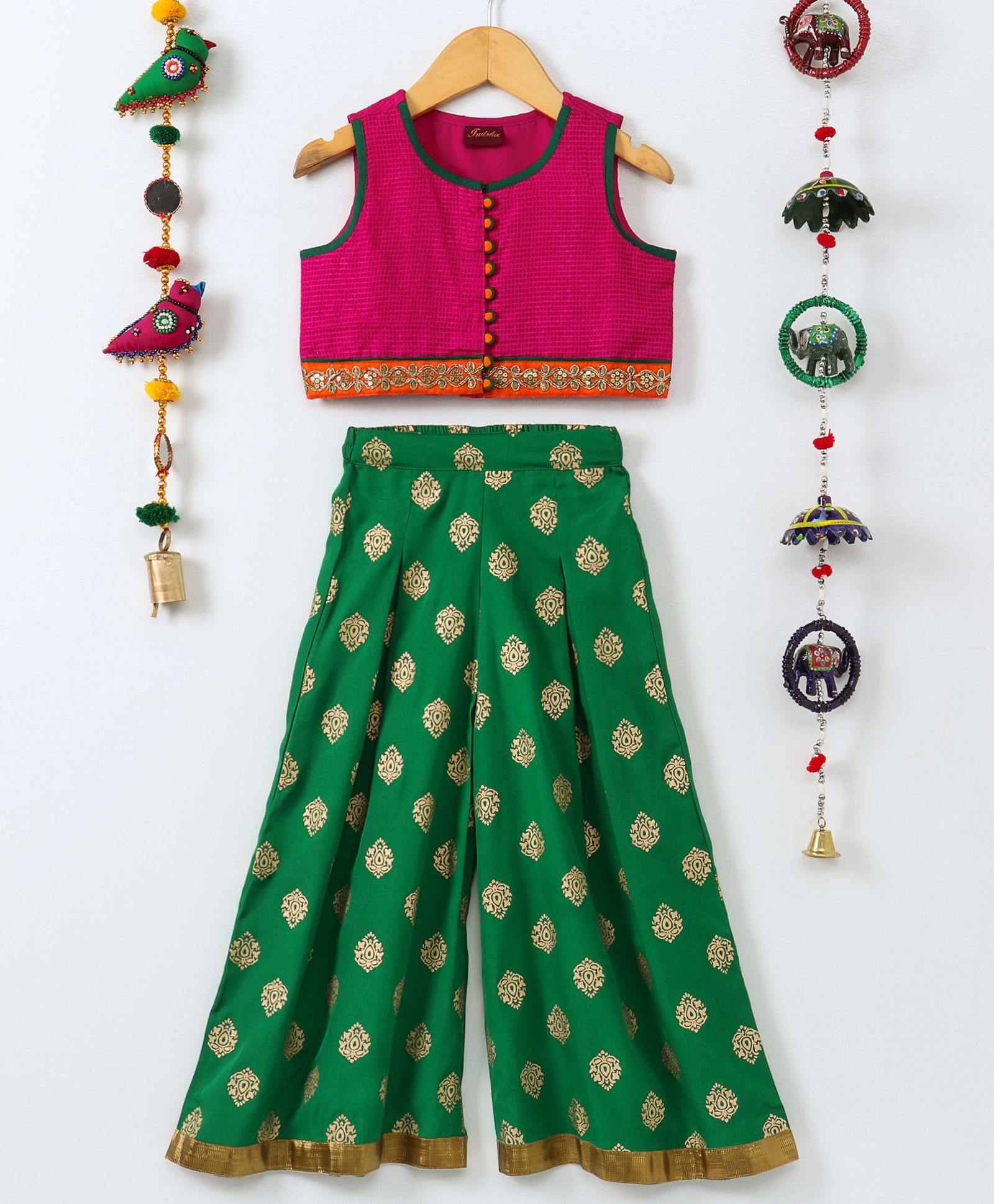 Twisha Self Checks Sleeveless Top & Printed Palazzo - Pink & Green-image-8