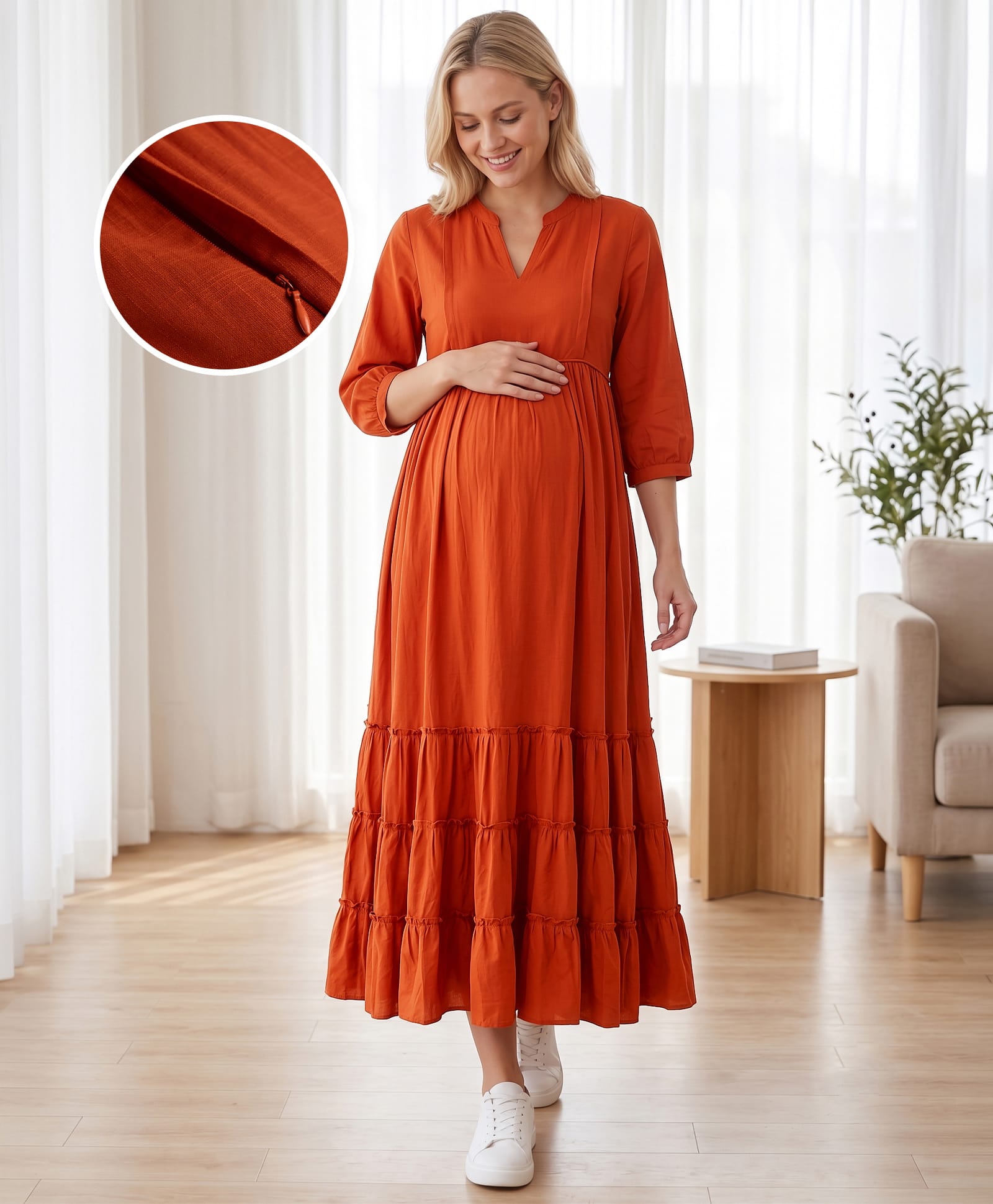 Bella Mama 100% Cotton Woven Three Forth Sleeves Solid Tiered Maternity Dress - Rust Orange-image-44