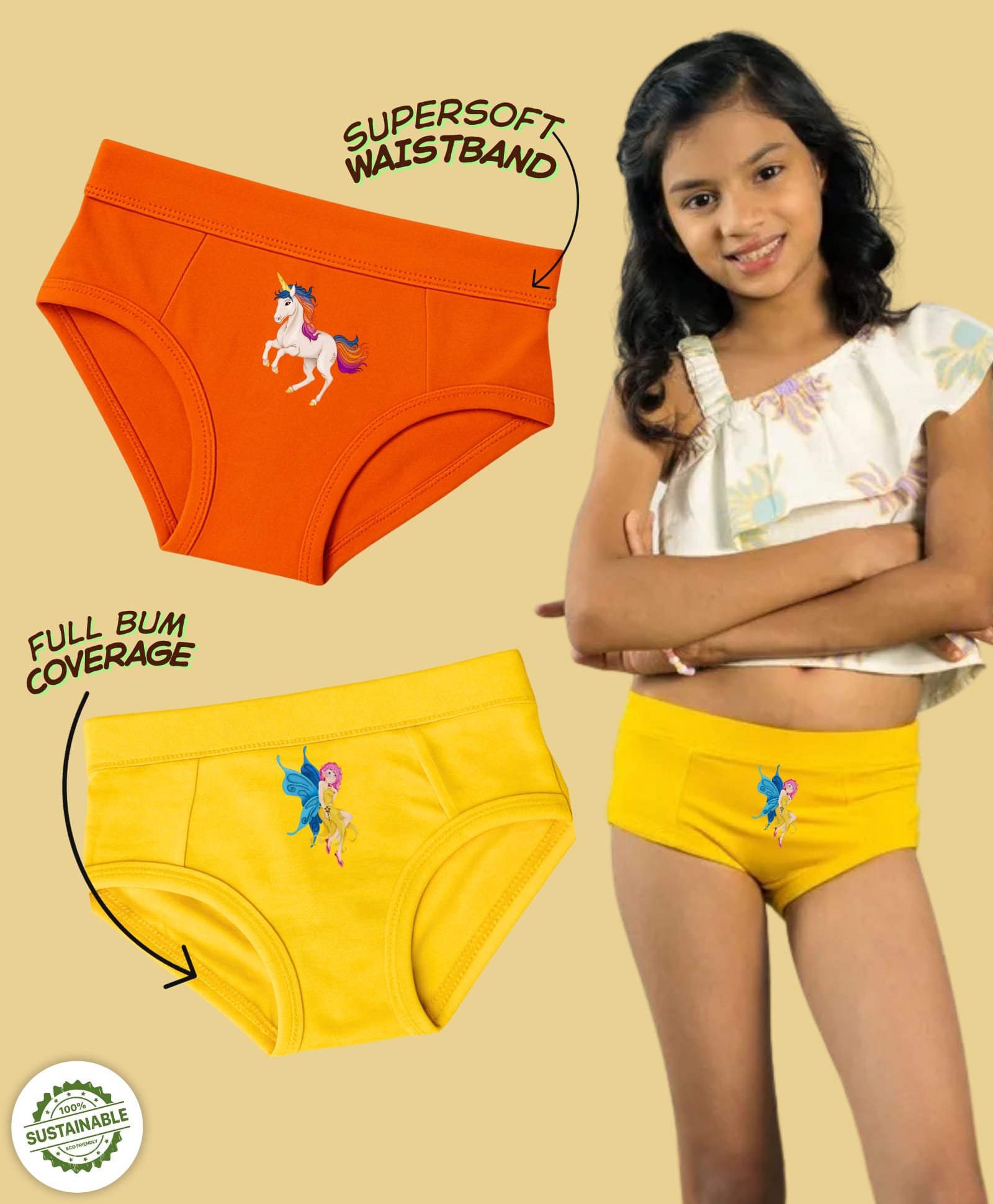 THE COVER UP PROJECT Modal Knit Pack Of 2 Unicorn & Fairy Printed Panties - Orange & Yellow-picture-16