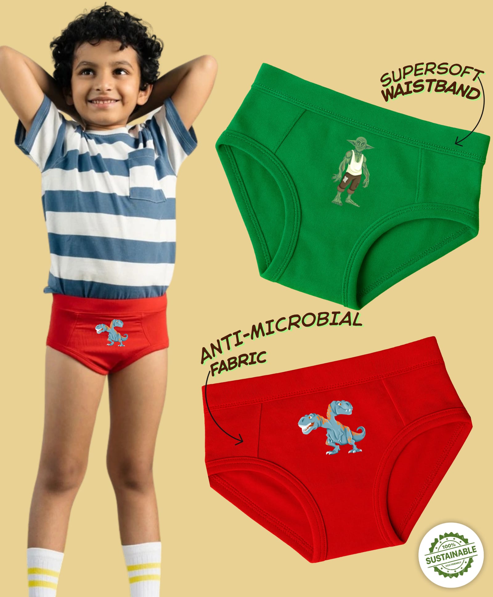THE COVER UP PROJECT Modal Knit Pack Of 2 Goblin & Dinosaur Printed Briefs - Red & Green-picture-21