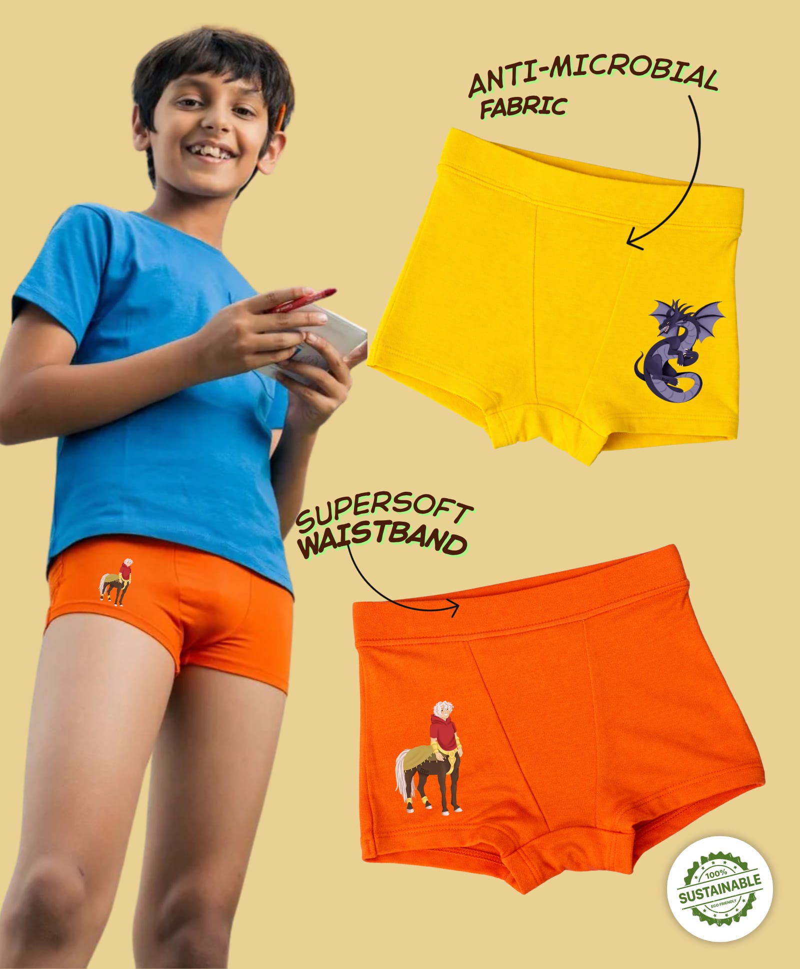 THE COVER UP PROJECT Modal Knit Pack Of 2 Dragon & Centaur Printed Trunks - Orange & Yellow-image-13