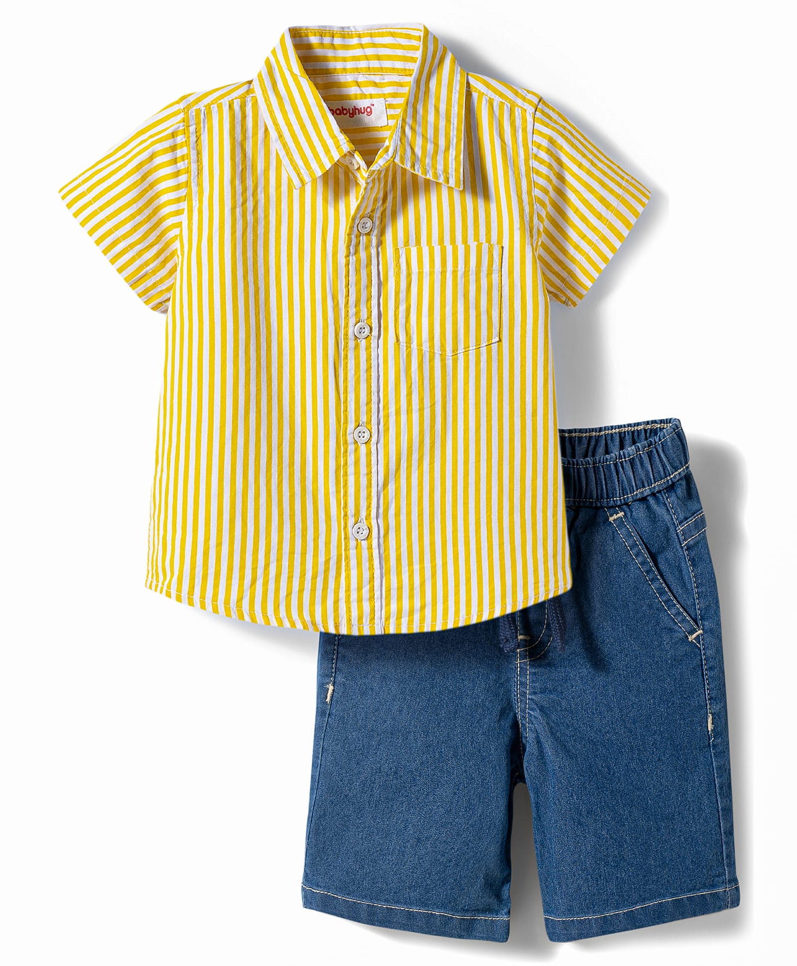 Babyhug Cotton Woven Half Sleeves Striped Shirt & Denim Shorts Set - Multicolor