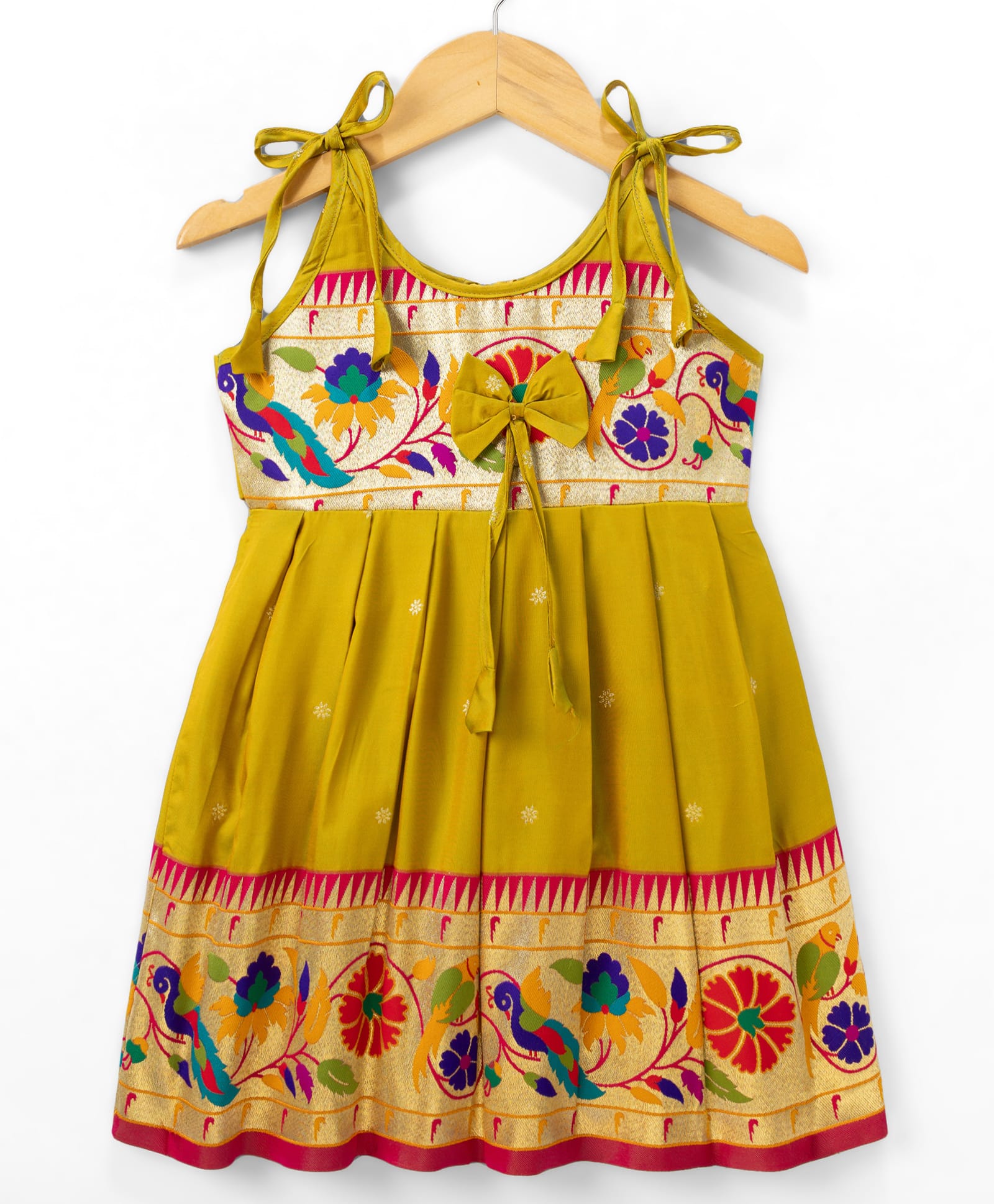 Bhartiya Paridhan Silk Woven Sleeveless Flared Ethnic Dress With Floral Print - Yellow-picture-25