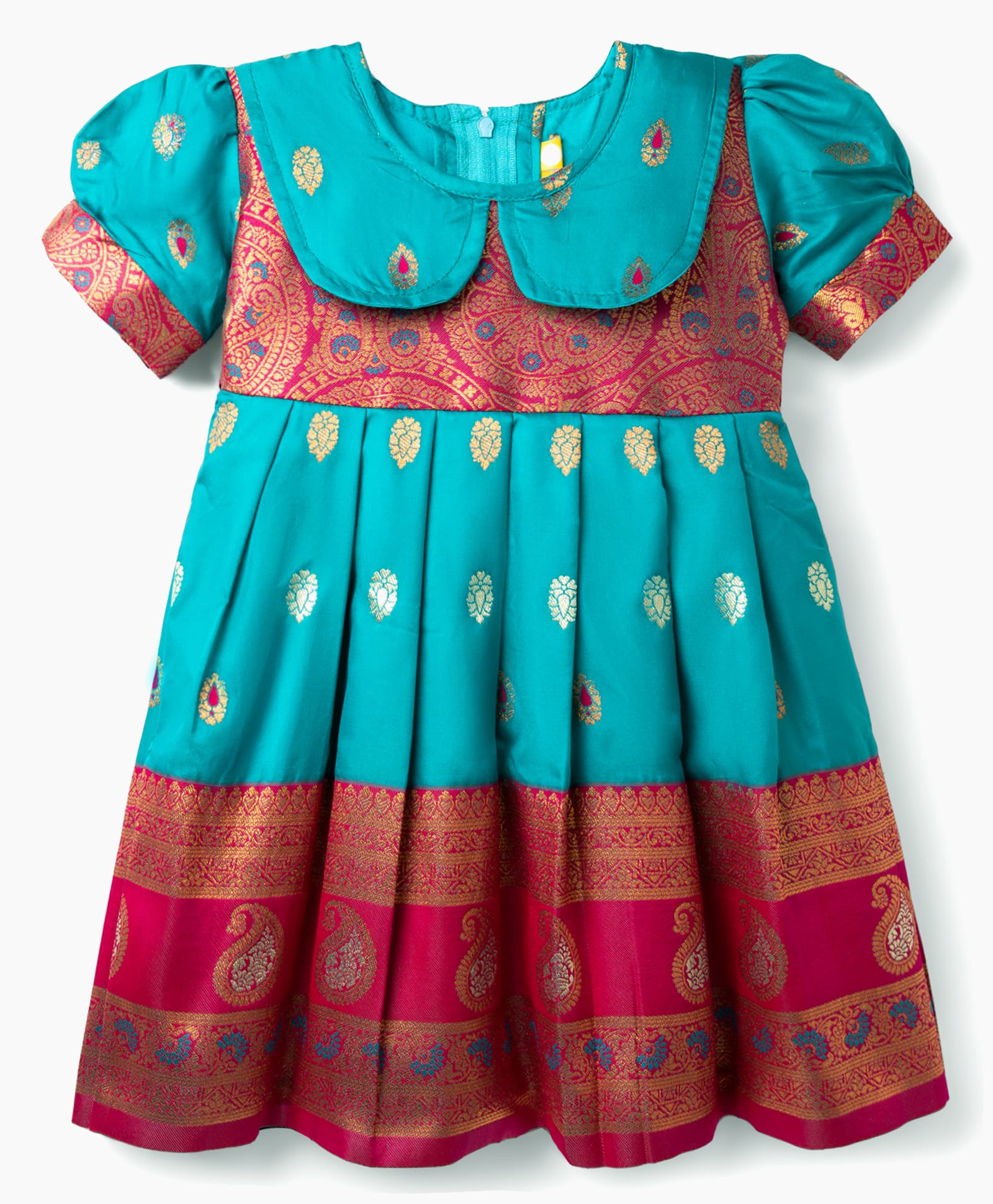 Bhartiya Paridhan Silk Woven Half Sleeves Flared Peter Pan Collared Ethnic Dress With Floral Foil Print -Dark Pink & Turquoise-image-48