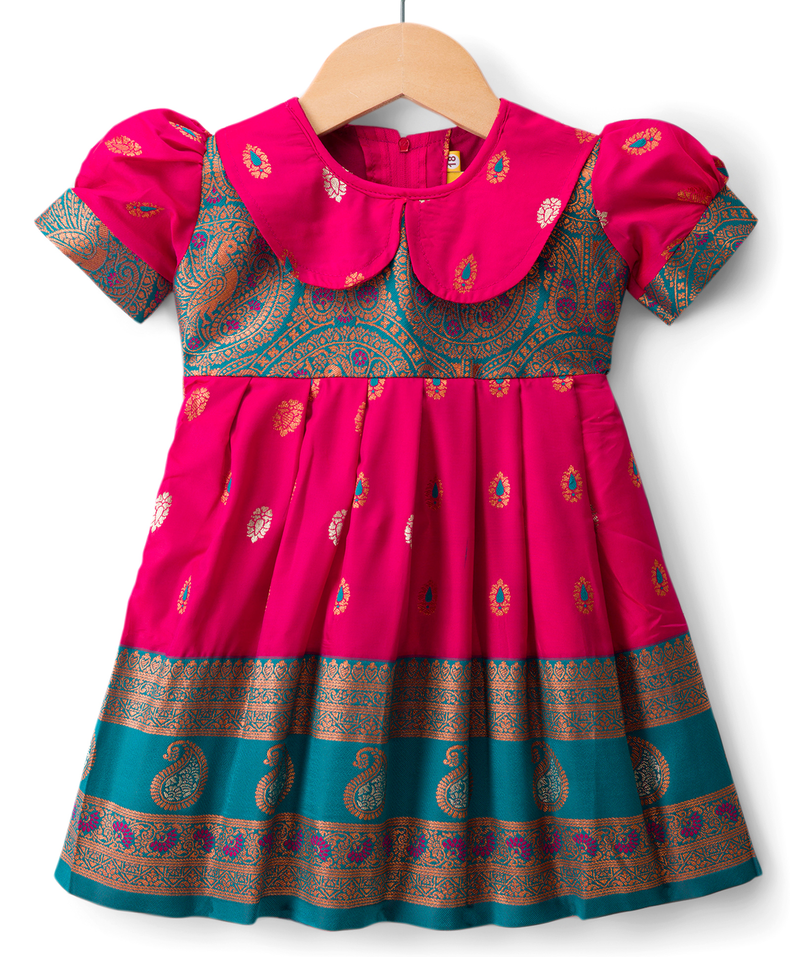 Bhartiya Paridhan Silk Woven Half Sleeves Flared Peter Pan Collared Ethnic Dress With Floral Foil Print - Dark Pink & Blue-image-35