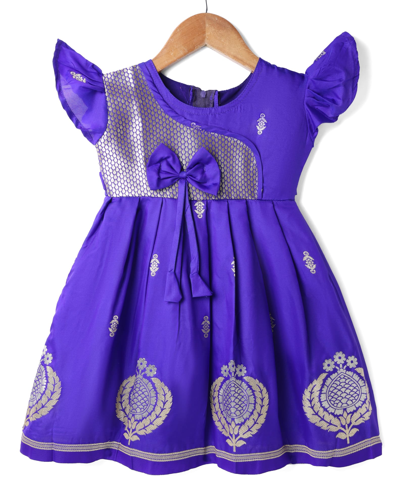 Bhartiya Paridhan Silk Woven Half Sleeves Ethnic Dress with Floral Design & Bow Applique - Purple-image-20