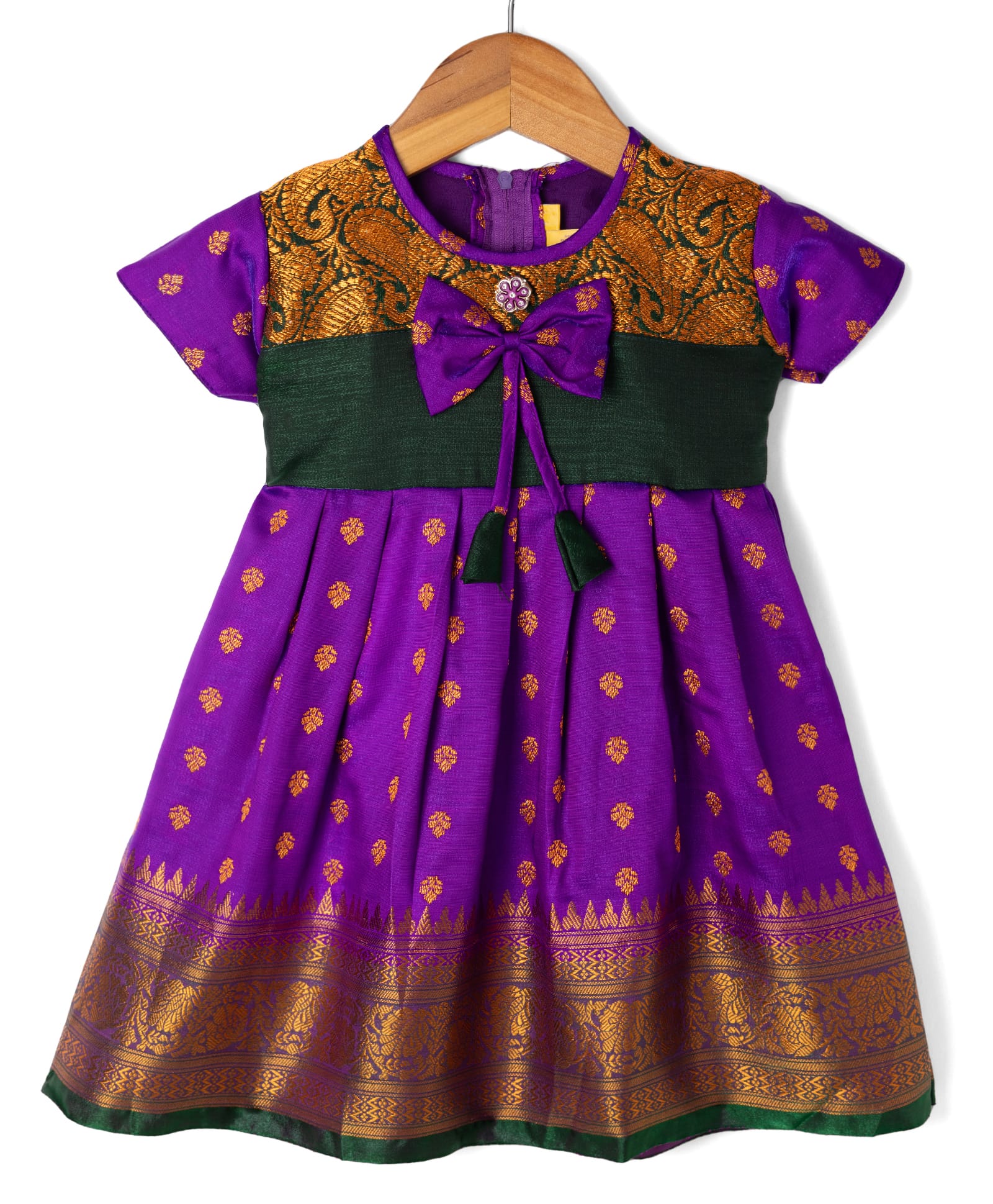 Bhartiya Paridhan Silk Woven Half sleeves Ethnic Dress With Floral Embroidery & Bow Applique - Purple-image-17