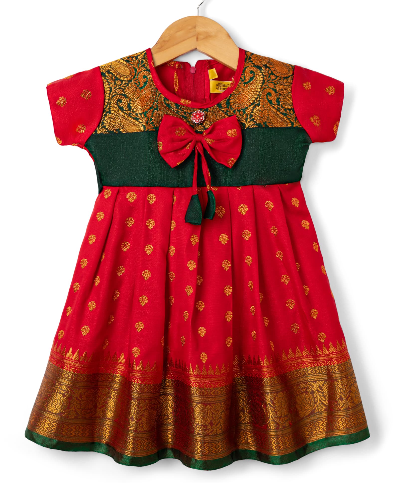 Bhartiya Paridhan Silk Woven Half sleeves Ethnic Dress With Floral Embroidery & Bow Applique - Red-image-12