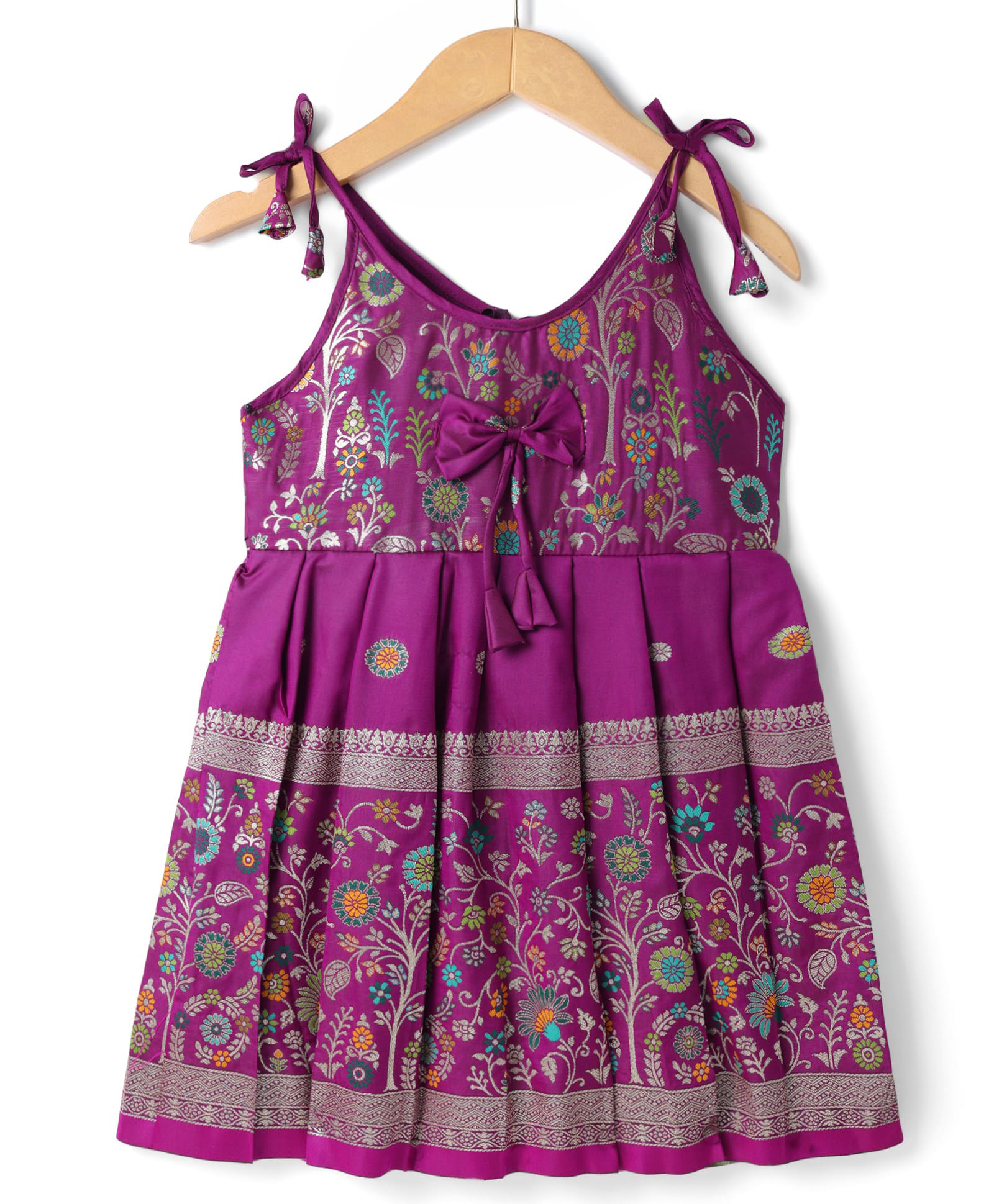 Bhartiya Paridhan Silk Woven Sleeveless Flared Ethnic Dress With Floral Foil Print - Purple-image-43