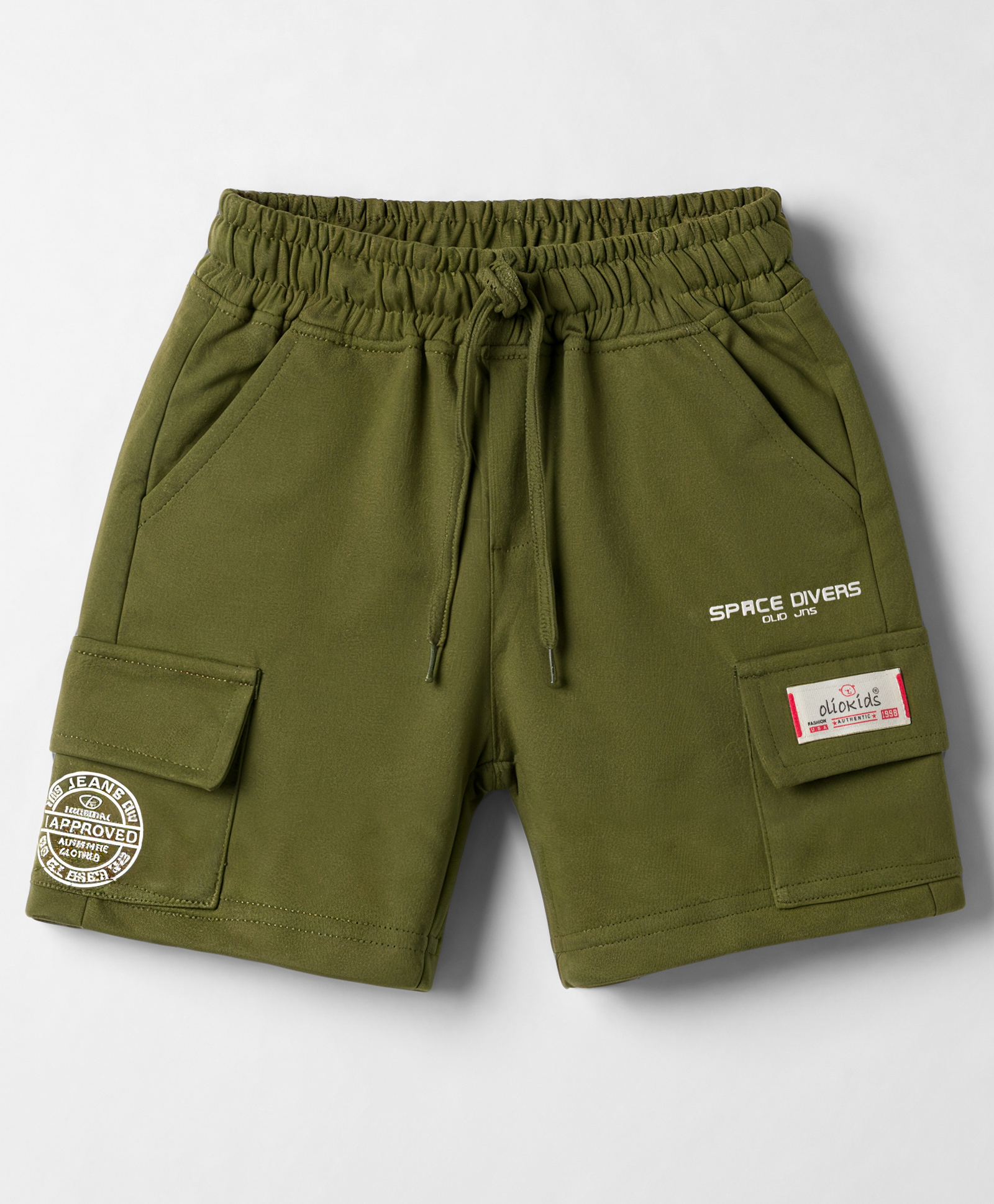 Olio Kids Cotton Knit Above Knee Length Text Printed Shorts With Cargo Pockets & Patch - Olive Green-image-32