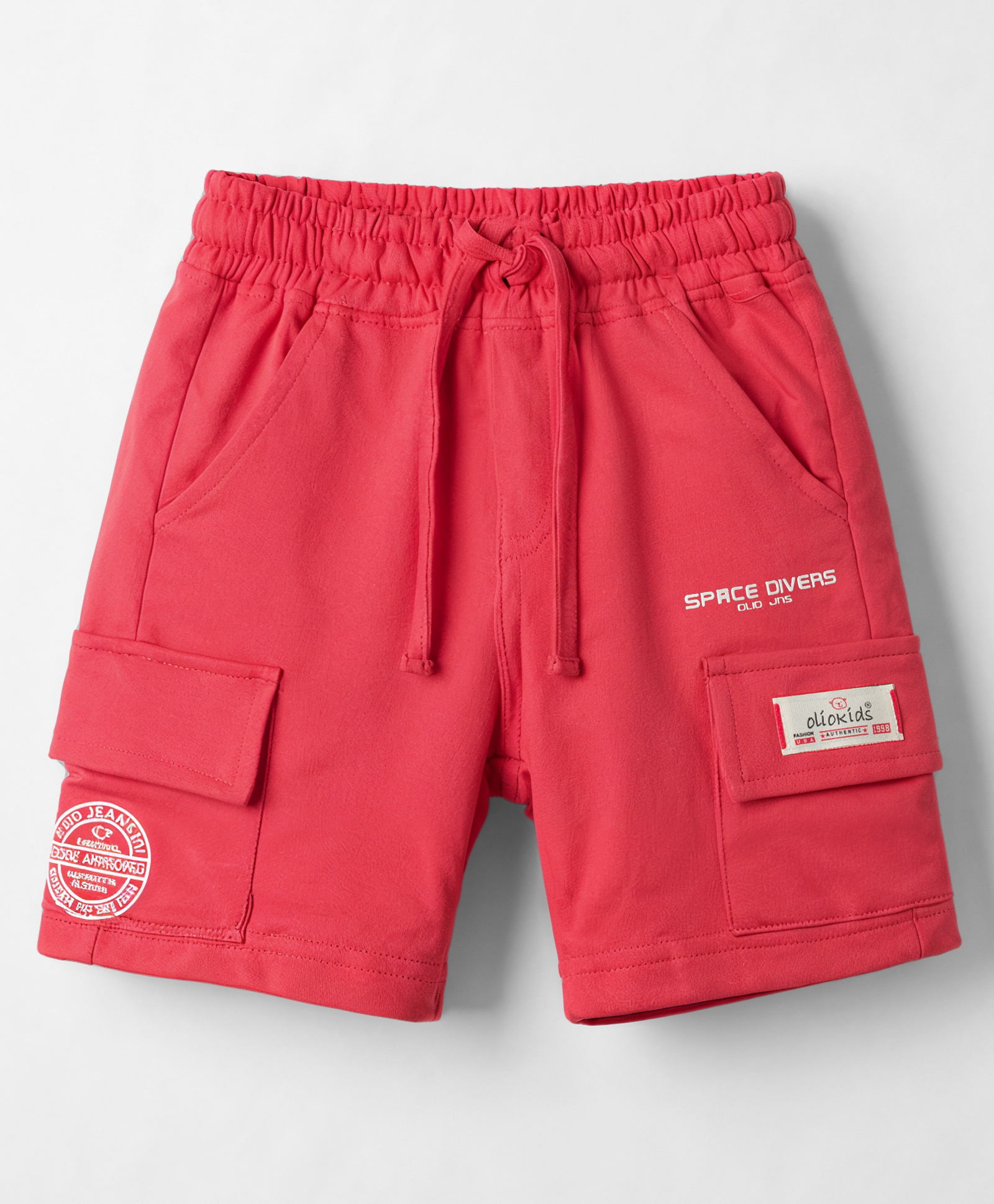 Olio Kids Cotton Knit Above Knee Length Text Printed Shorts With Patch & Cargo Pockets - Red-picture-17