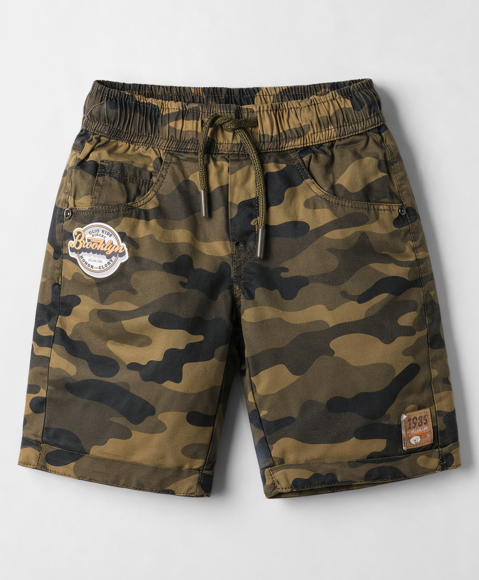 Olio Kids Cotton Knit Above Knee Length Camouflage Printed Shorts With Patch - Olive Green-image-49