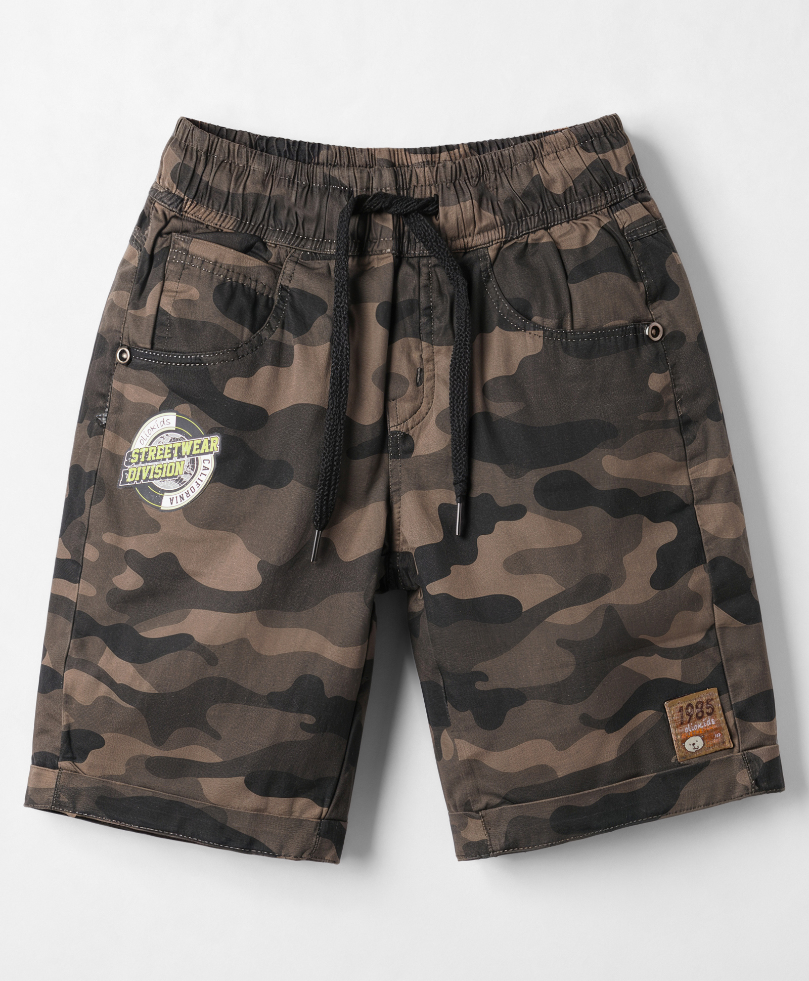 Olio Kids Cotton Knit Above Knee Length Camouflage Printed Shorts With Patch - Olive Green-picture-16