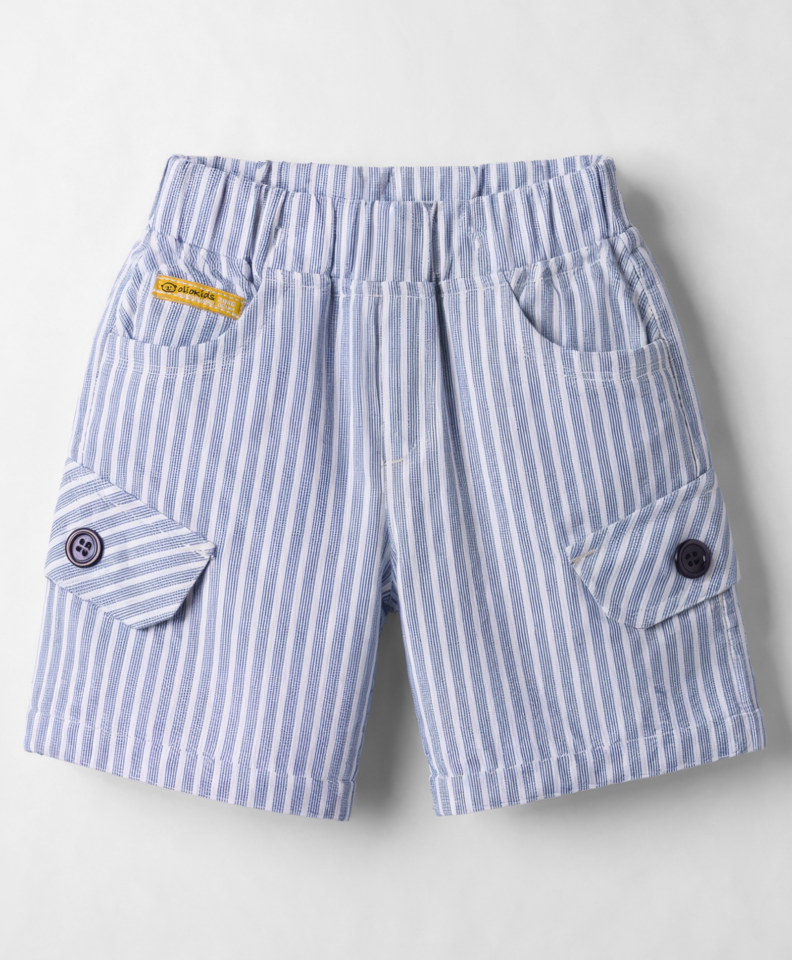 Olio Kids Cotton Knit Above Knee Length Striped Shorts With Cargo Pockets & Patch - Sky Blue-picture-18
