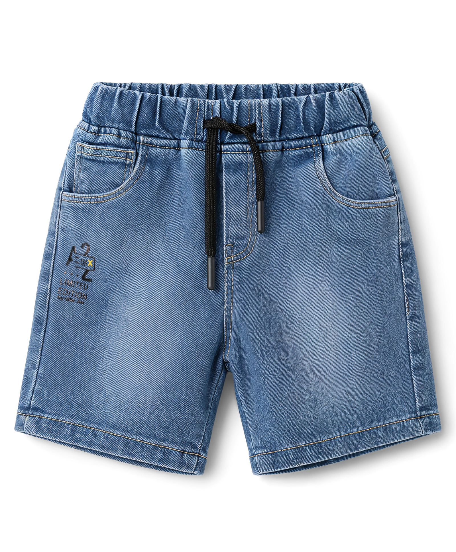 Olio Kids Denim Knit Above Knee Length Washed Text Printed Shorts - Light Blue-image-6