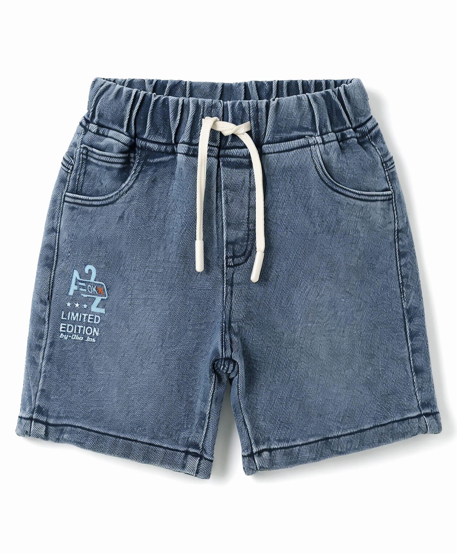 Olio Kids Denim Knit Above Knee Length Washed Text Printed Shorts - Navy Blue-image-2