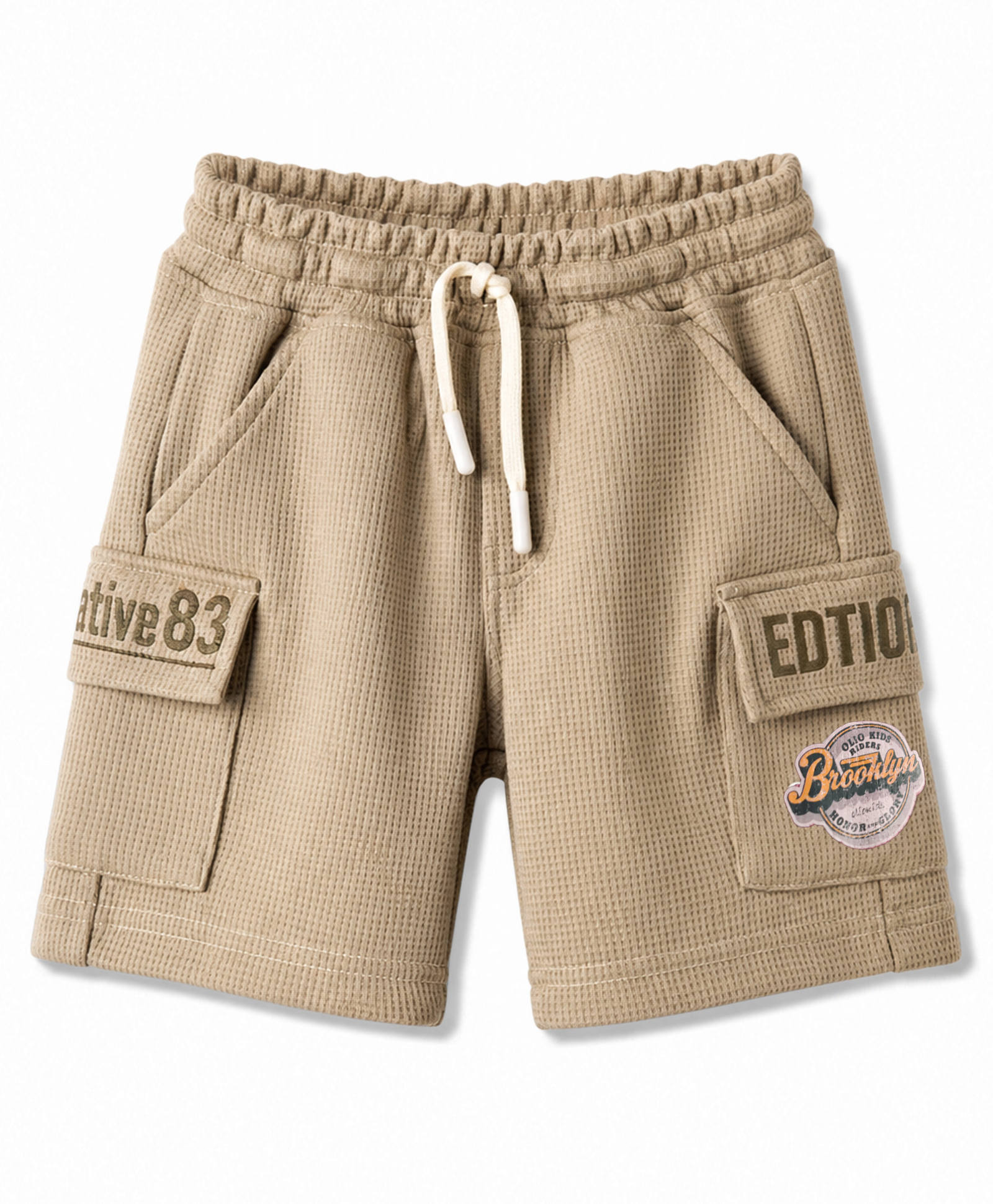 Olio Kids Cotton Knit Above Knee Length Shorts with Text Print - Beige-picture-23