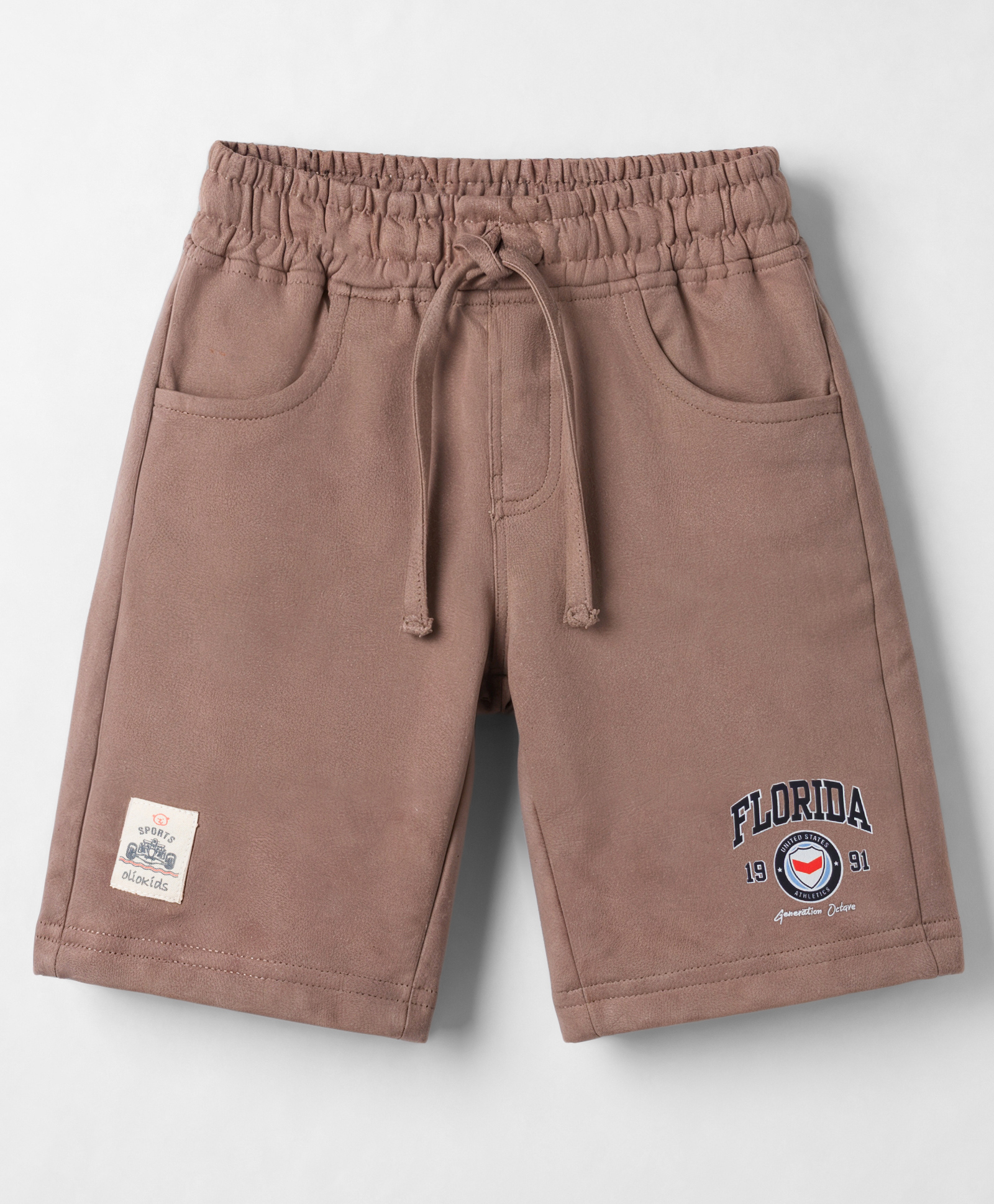 Olio Kids Cotton Knit Above Knee Length Sports Car Printed Shorts With Patch - Brown-image-3