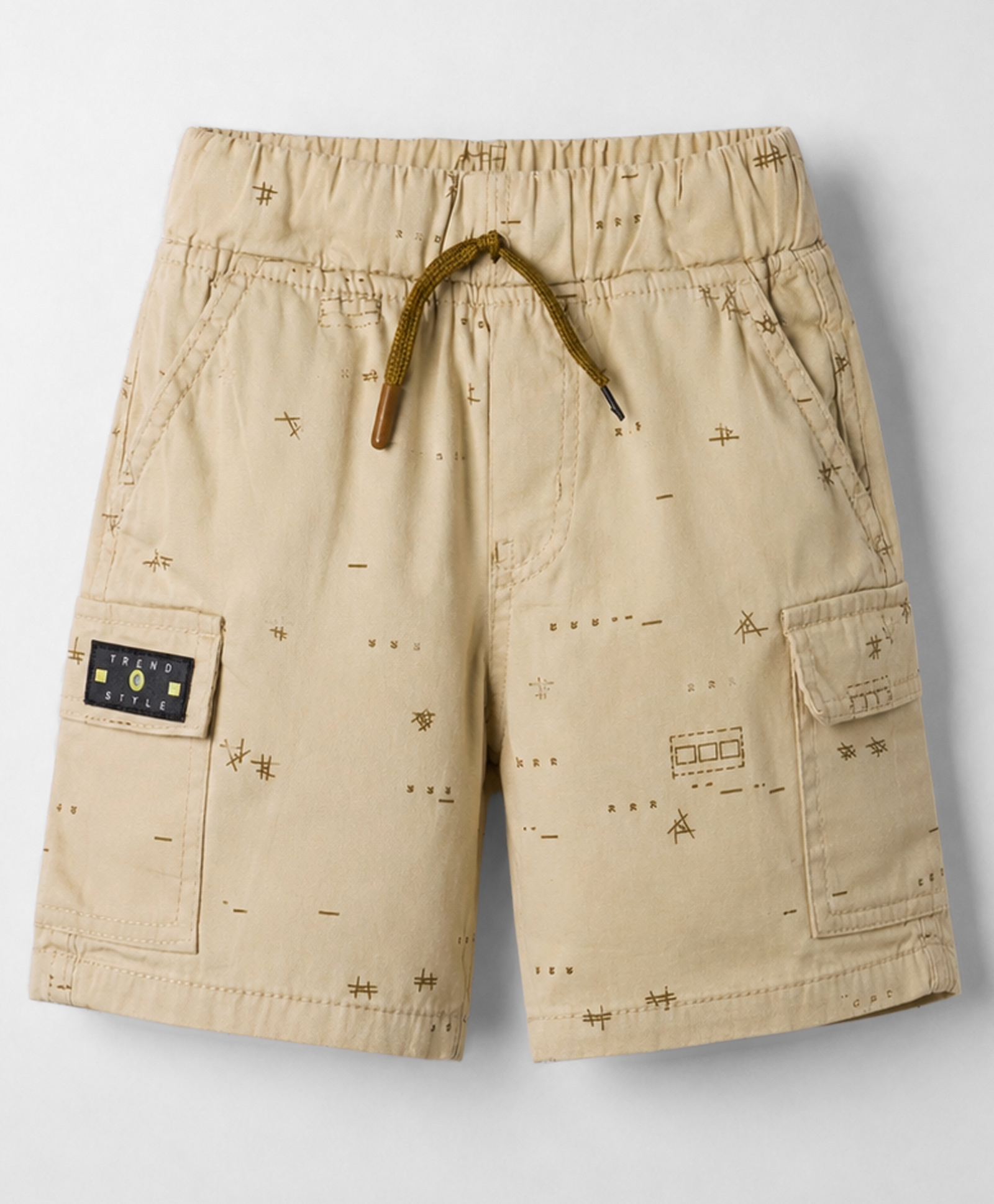 Olio Kids Cotton Knit Above Knee Length Printed Shorts With Cargo Pockets & Patch - Khaki-picture-28