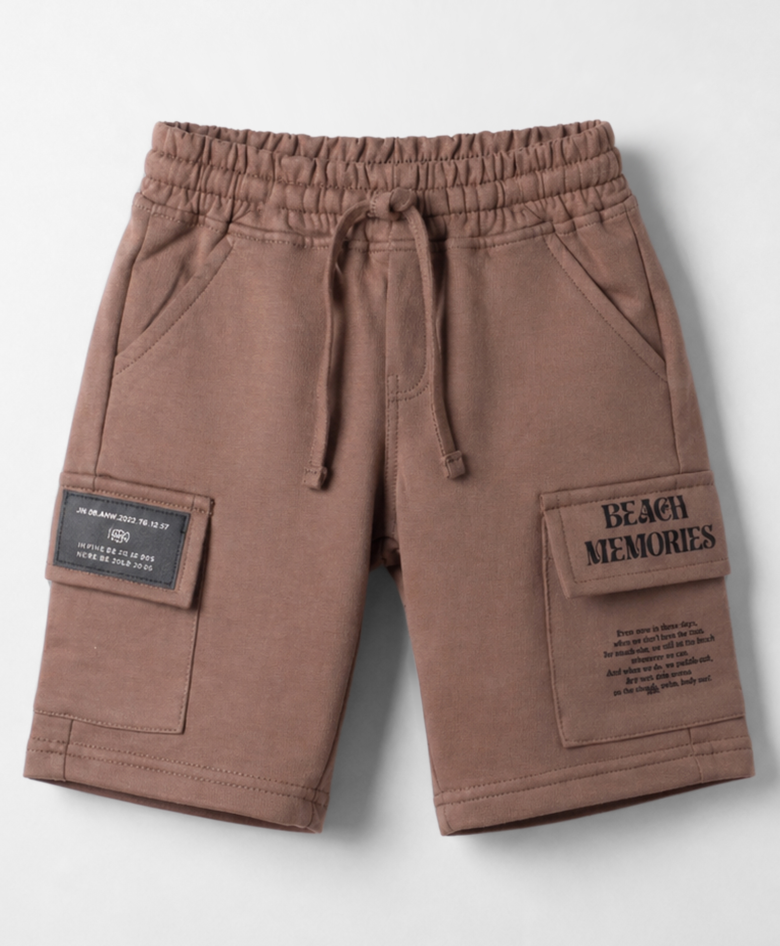 Olio Kids Cotton Knit Above Knee Length Text Printed Shorts With Cargo Pockets & Patch - Brown-image-27