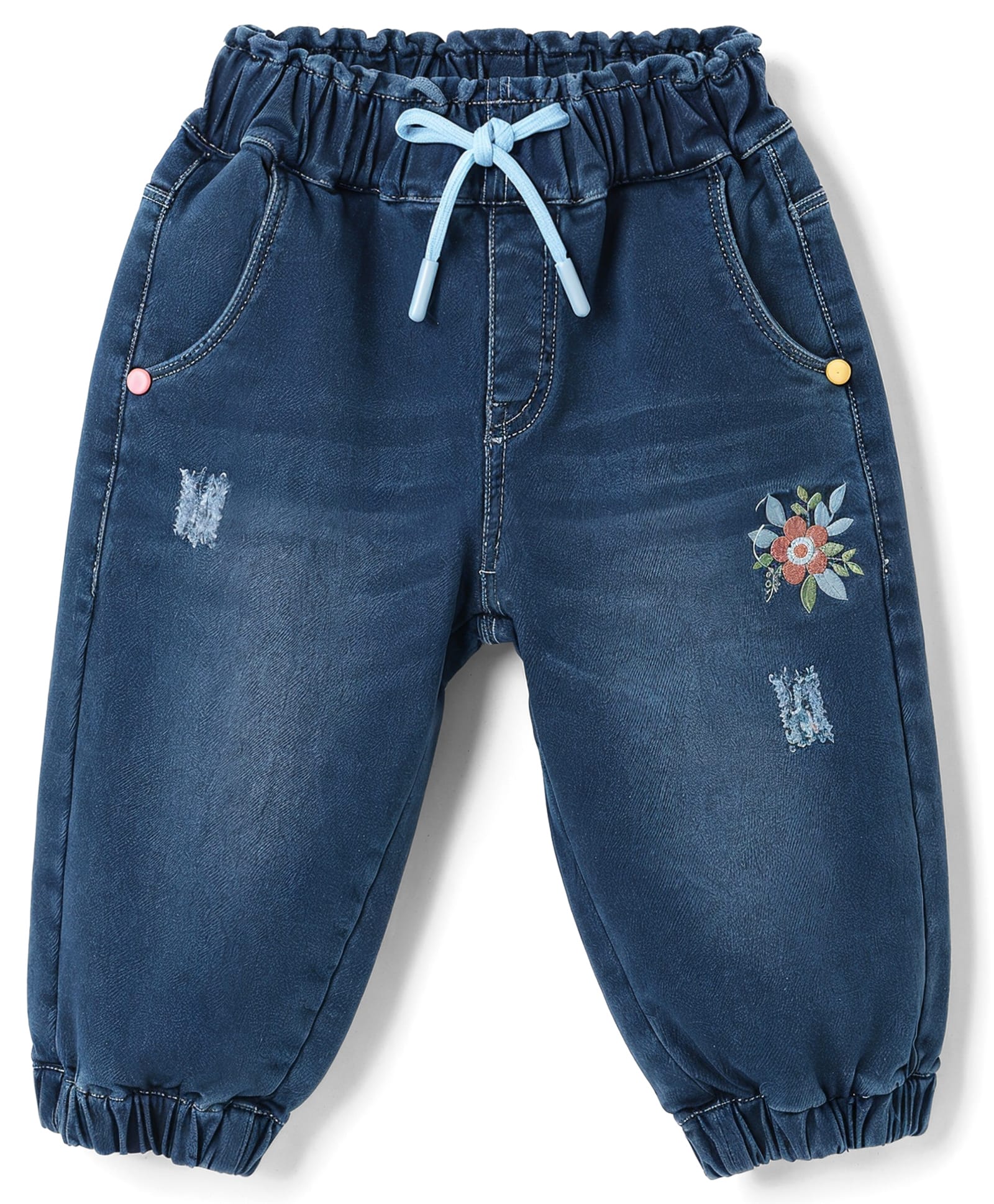 Olio Kids Denim Knit Distressed Floral Embroidered Washed Capri - Light Blue-picture-17