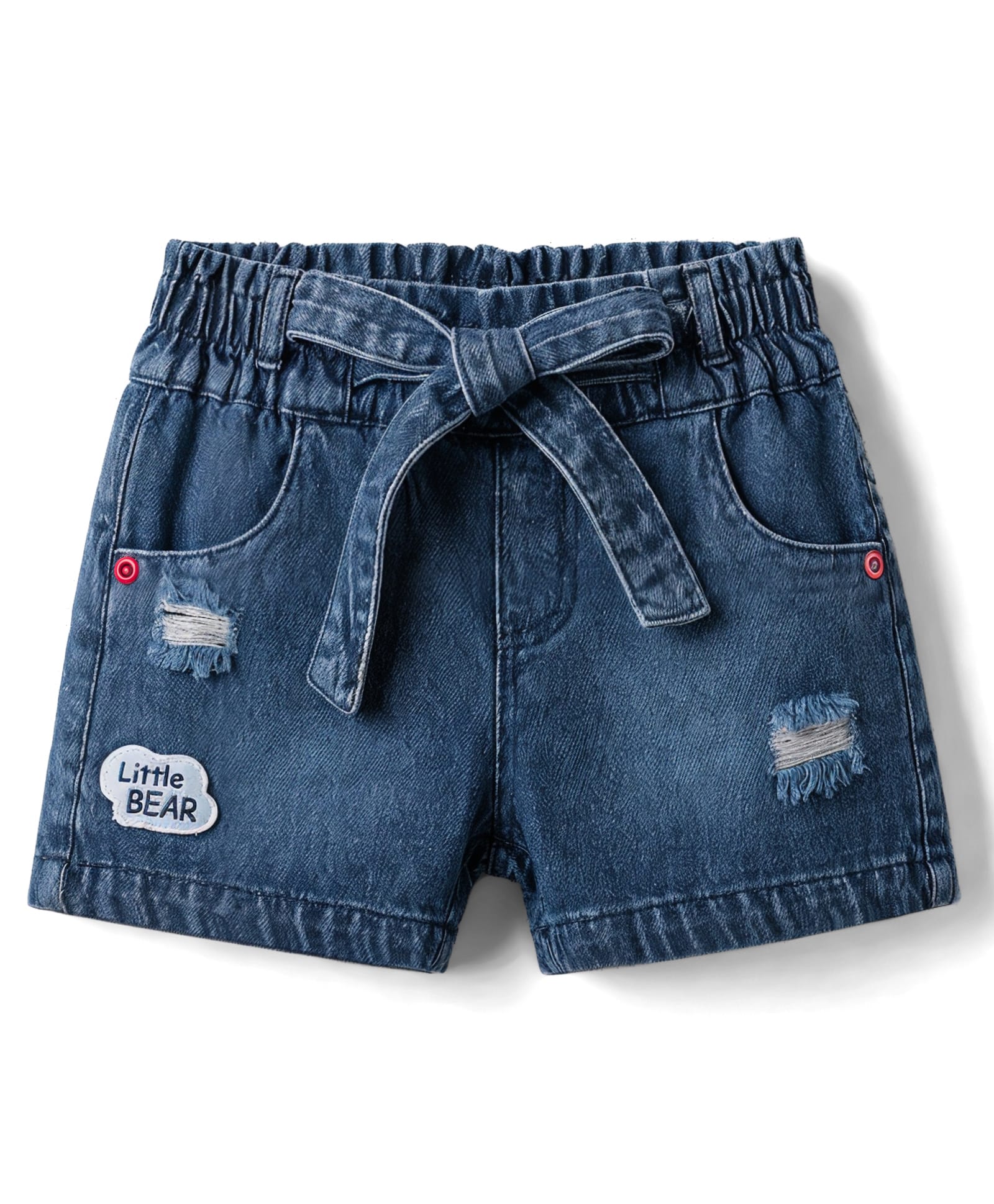 Olio Kids Denim Knit Above Knee Length Distressed Washed Shorts With Patch - Navy Blue-image-40