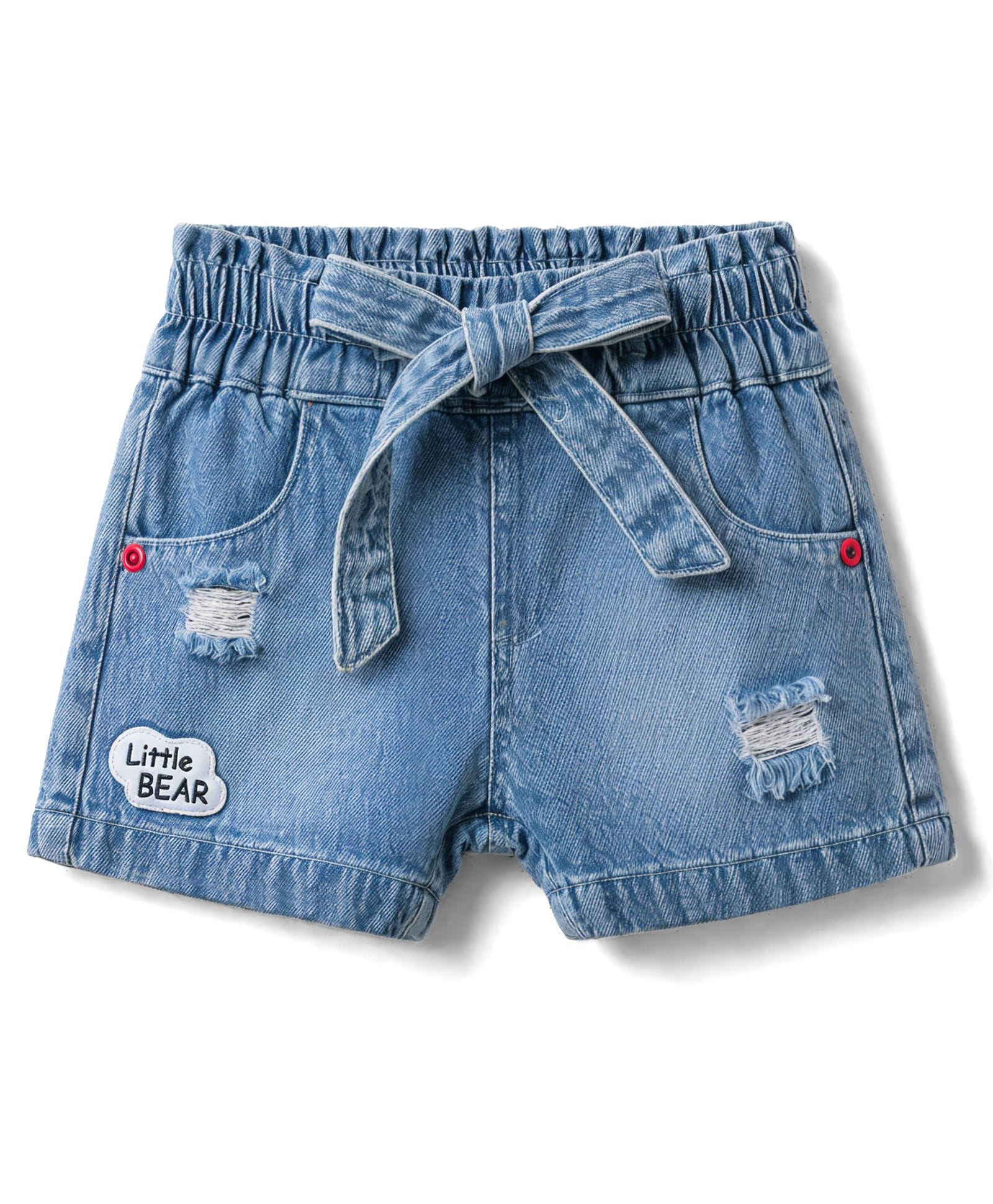 Olio Kids Denim Knit Above Knee Length Distressed Washed Shorts With Patch - Light Blue-image-34