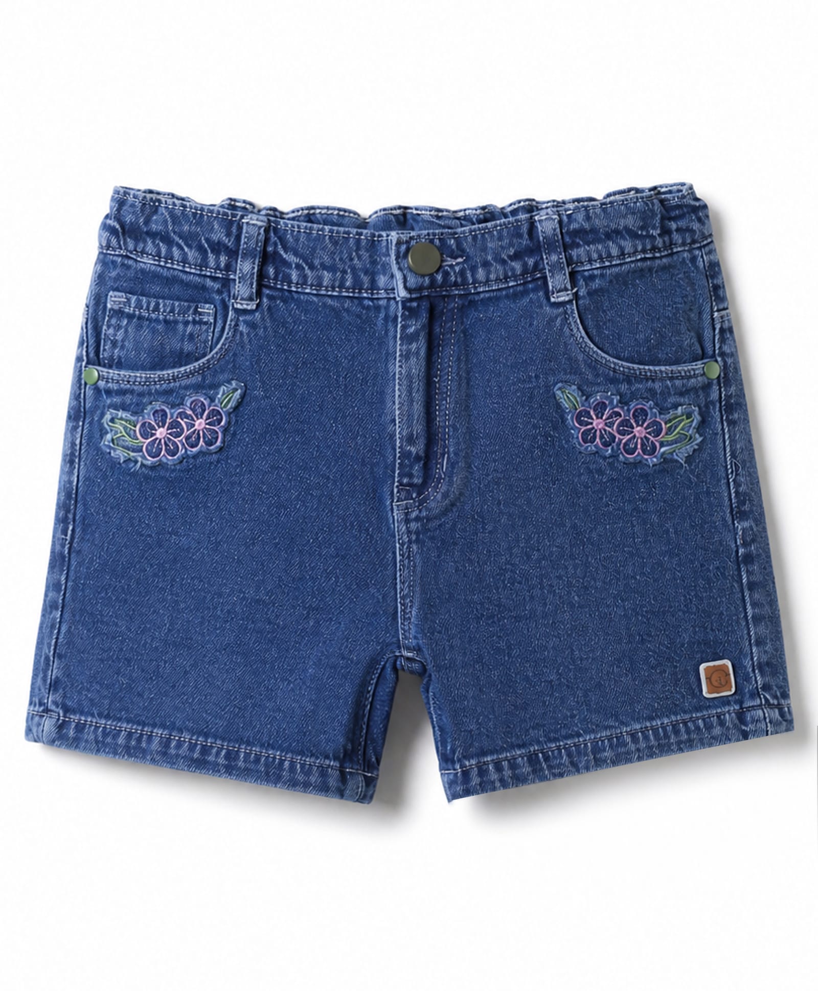 Olio Kids Above Knee Length Denim Knit Shorts with Floral Embroidery - Light Blue-picture-23