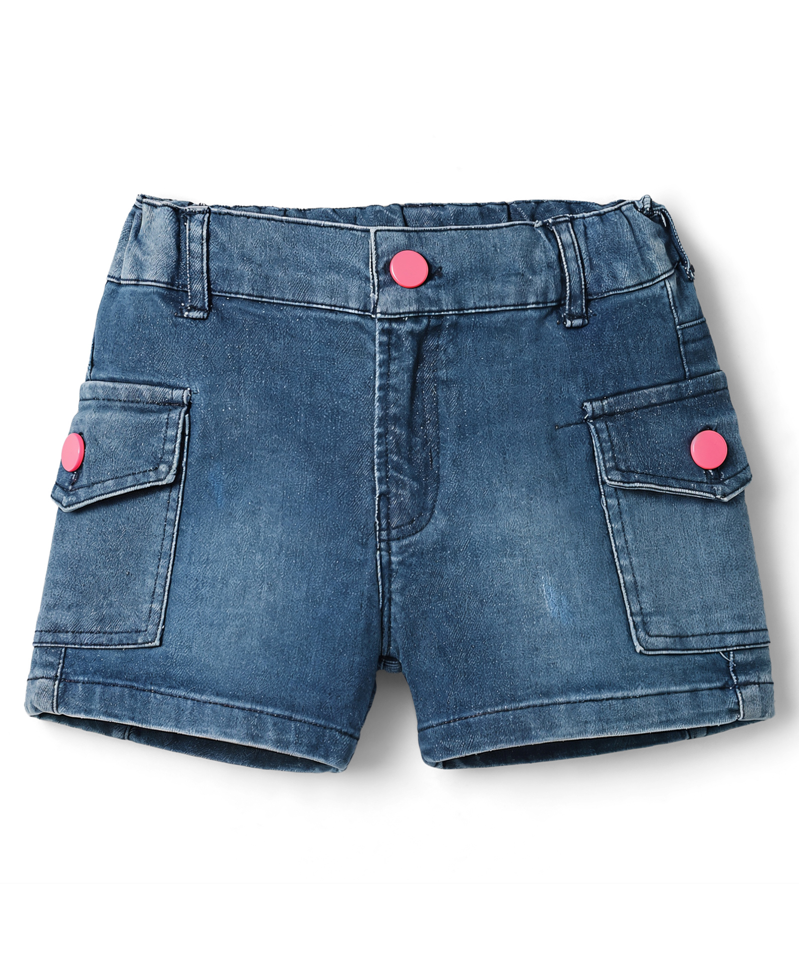 Olio Kids Denim Knit Above Knee Length Washed Shorts With Cargo Pockets - Blue-picture-19