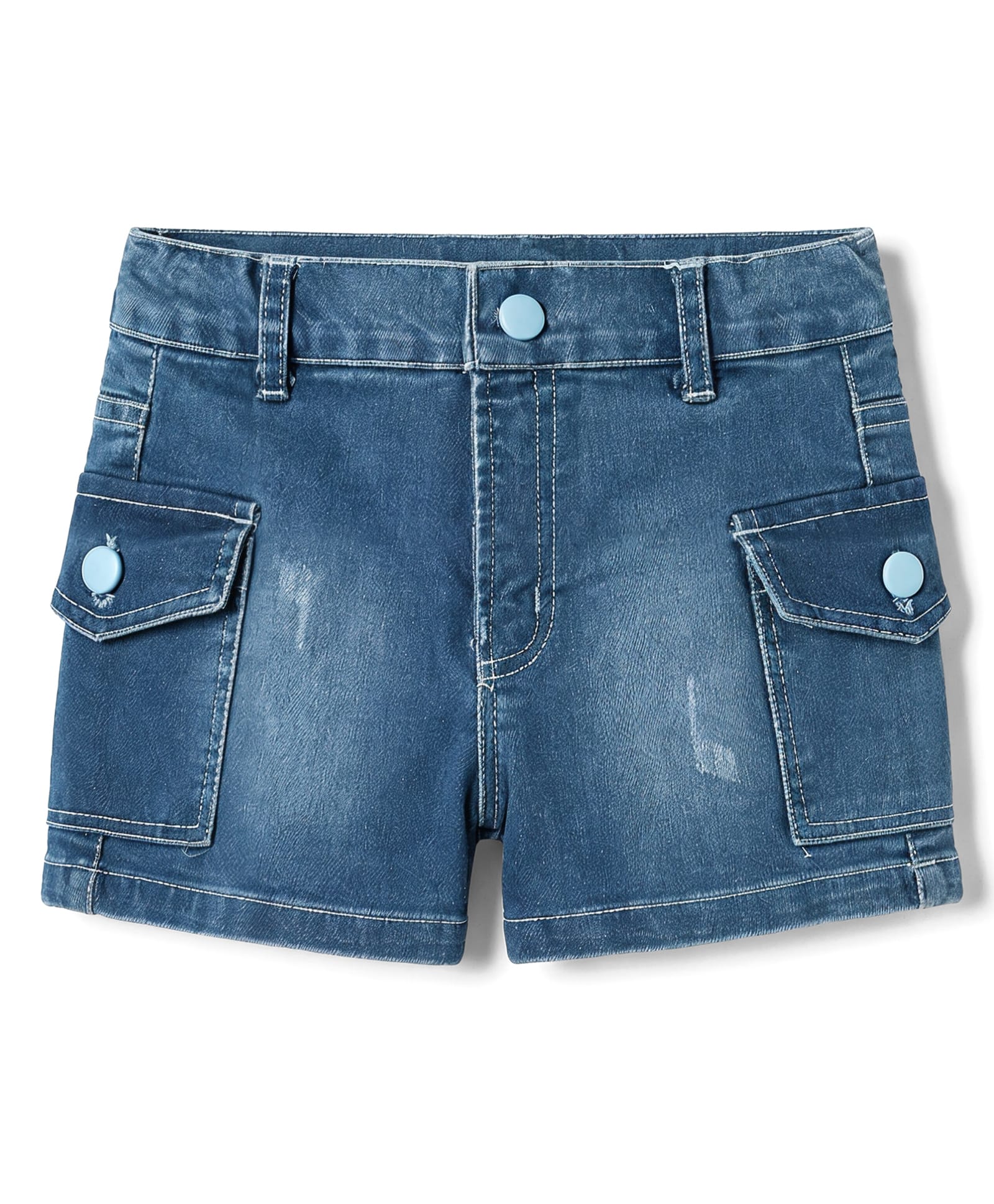 Olio Kids Denim Knit Above Knee Length Distressed Washed Shorts With Cargo Pockets - Light Blue-image-21