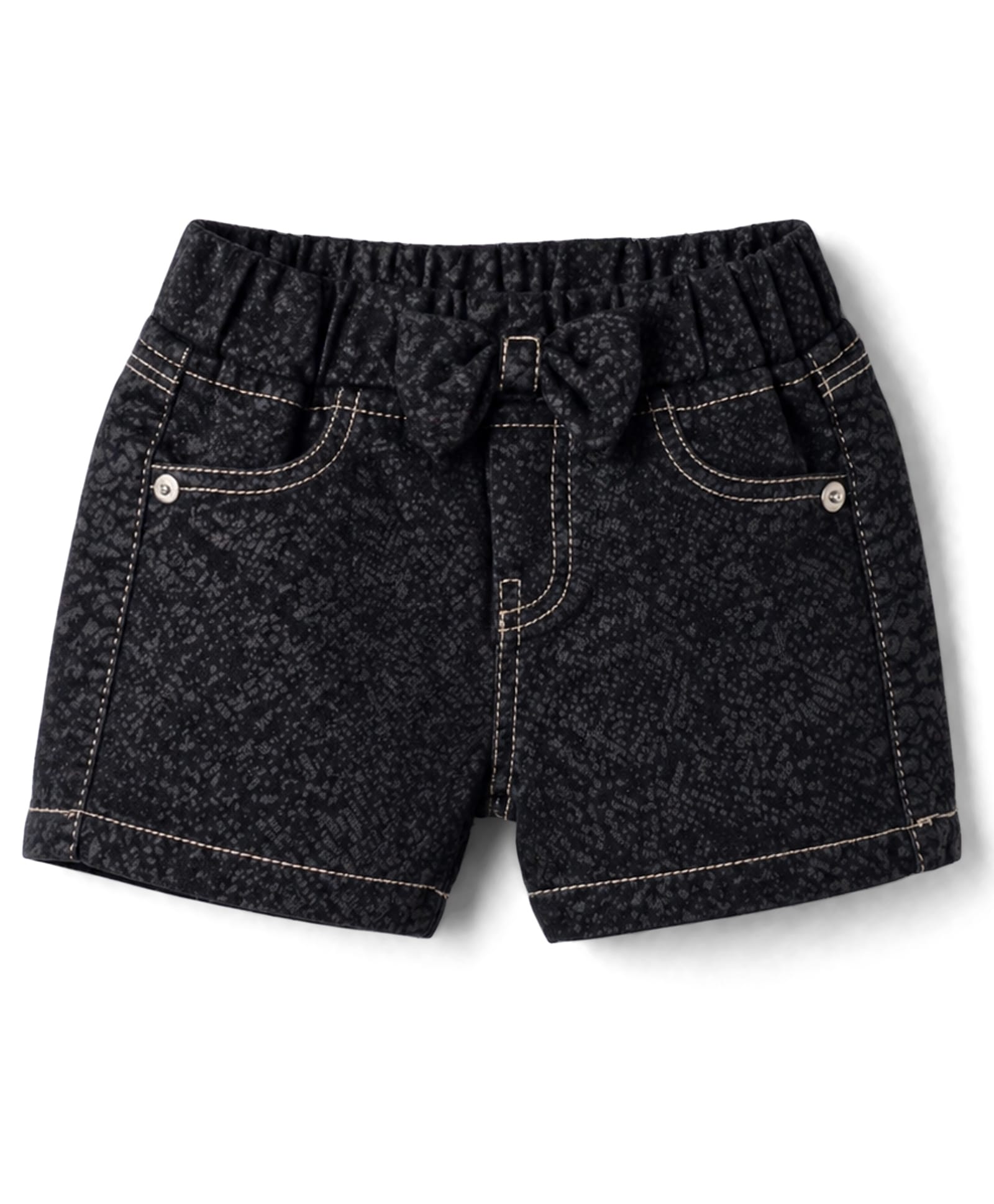Olio Kids Denim Knit Above Knee Length Printed Shorts With Bow Applique - Black-picture-15
