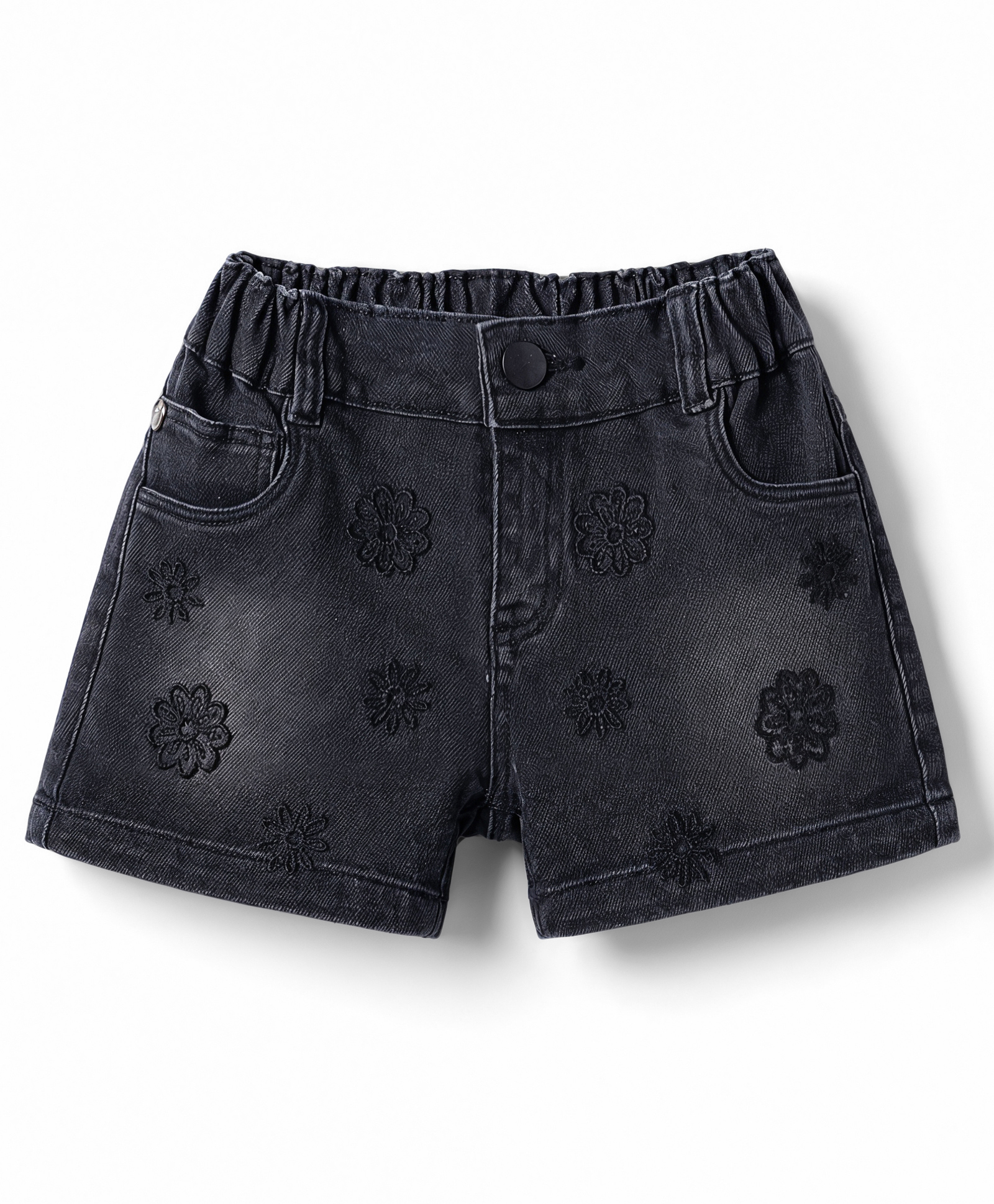 Olio Kids Above Knee Length Denim Shorts with Floral Embroidery - Navy Blue-image-34