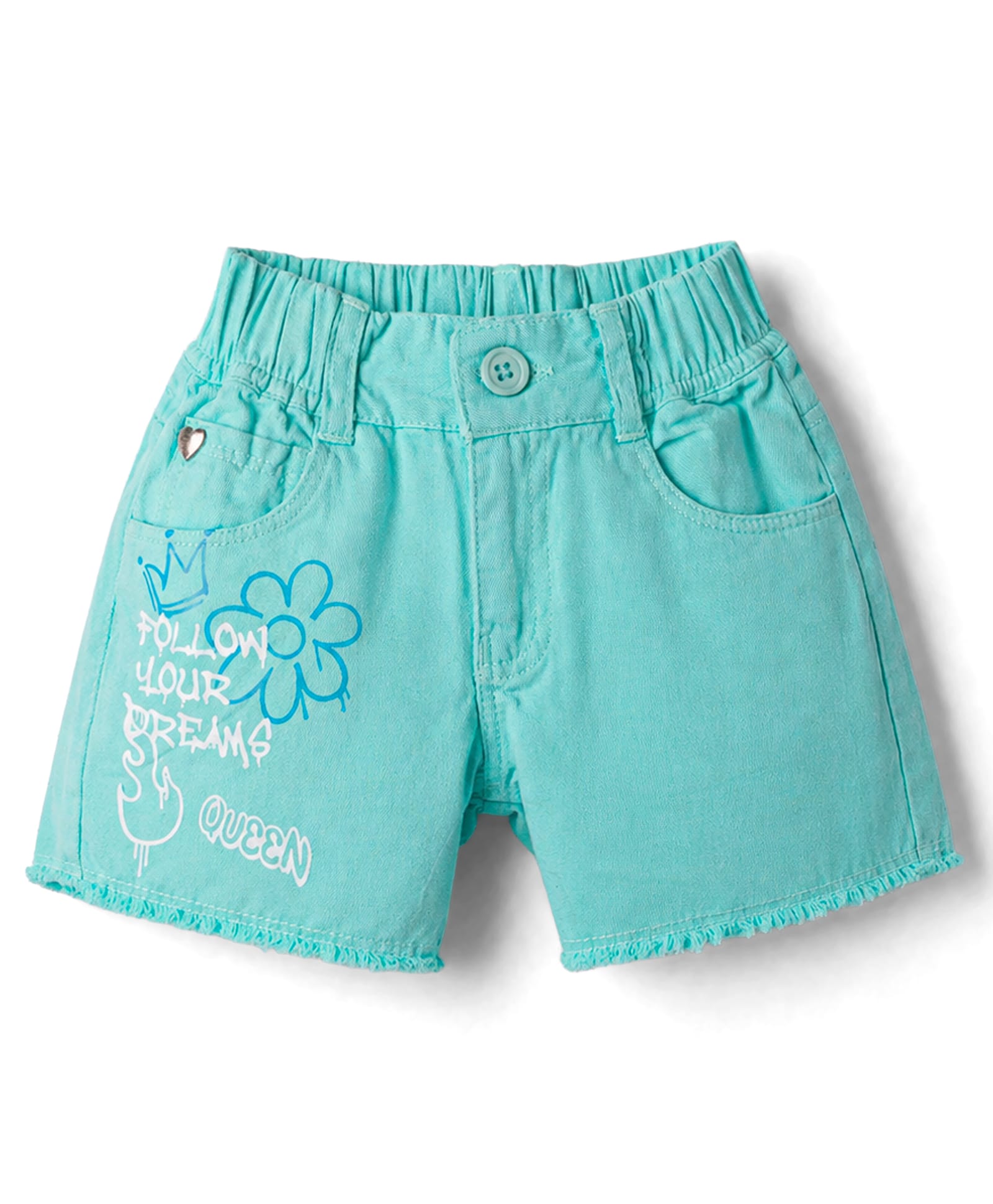 Olio Kids Cotton Knit Above Knee Length Floral & Text Printed Shorts - Sea Green-picture-43