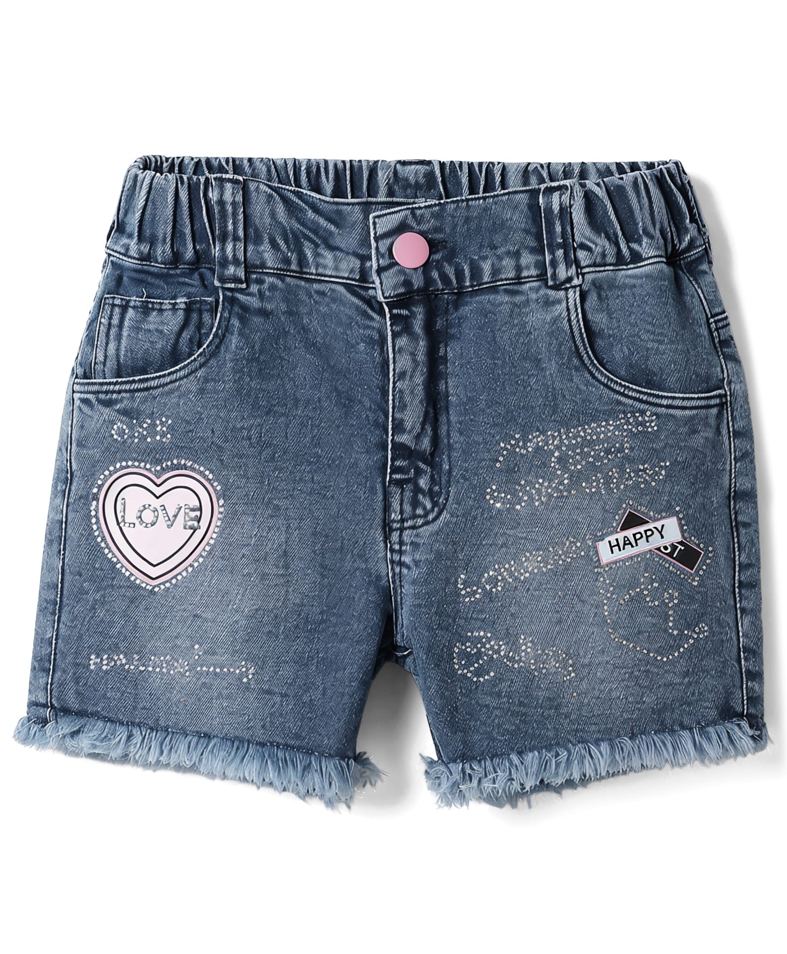 Olio Kids Denim Knit Above Knee Length Hearts Printed Washed Shorts With Embellishment - Navy Blue-picture-34