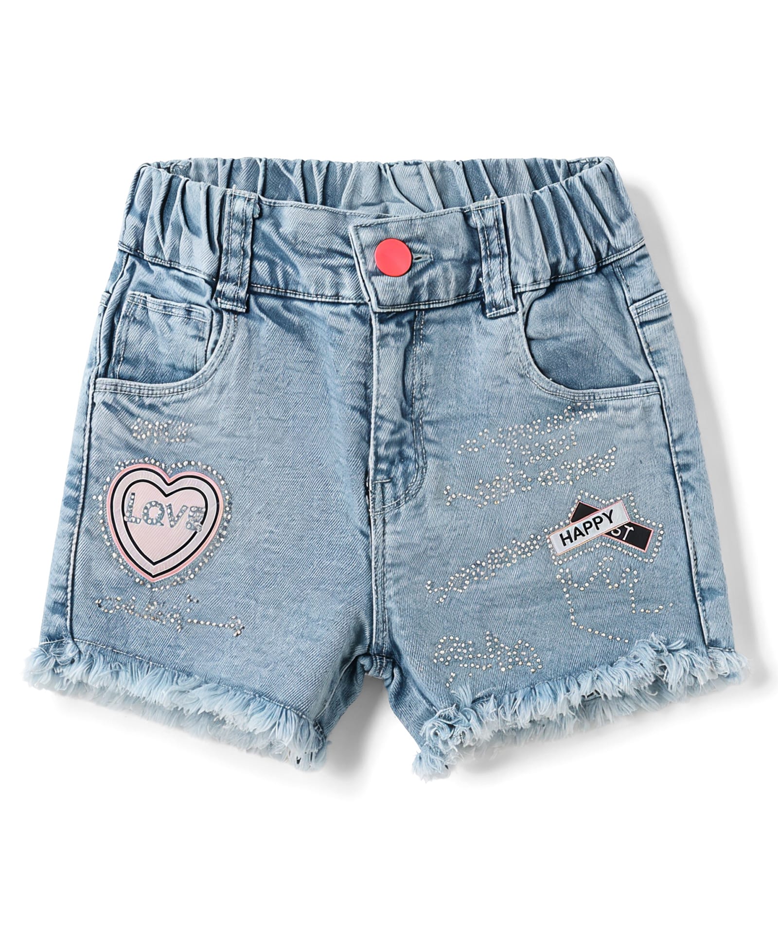 Olio Kids Denim Knit Above Knee Length Hearts Printed Shorts With Embellishment-Light Blue-image-29