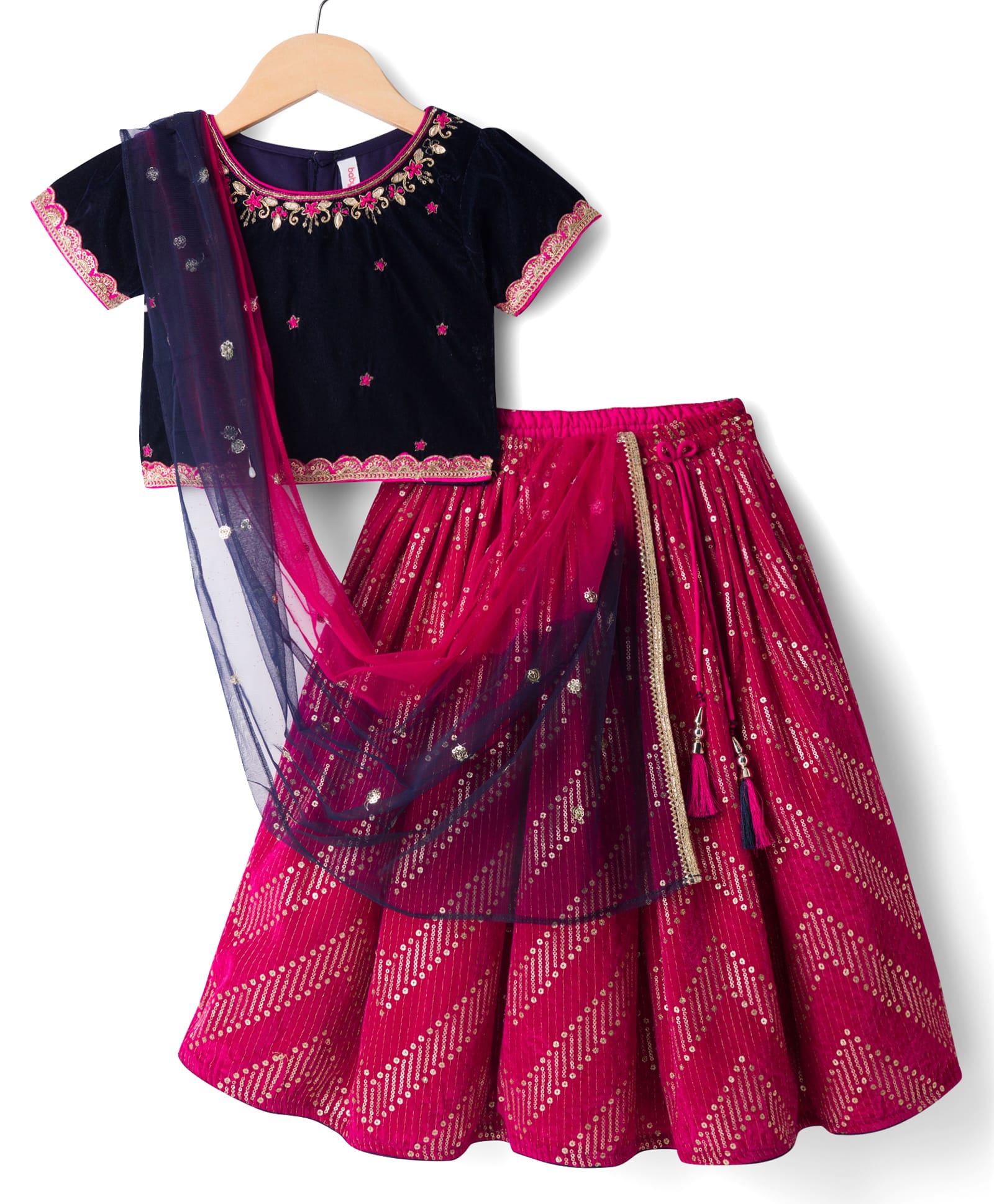 Babyhug Velvet Woven Half Sleeves Embroidered Neck & Sequinned Choli Lahenga & Dupatta Set- Navy & Dark Pink-image-22