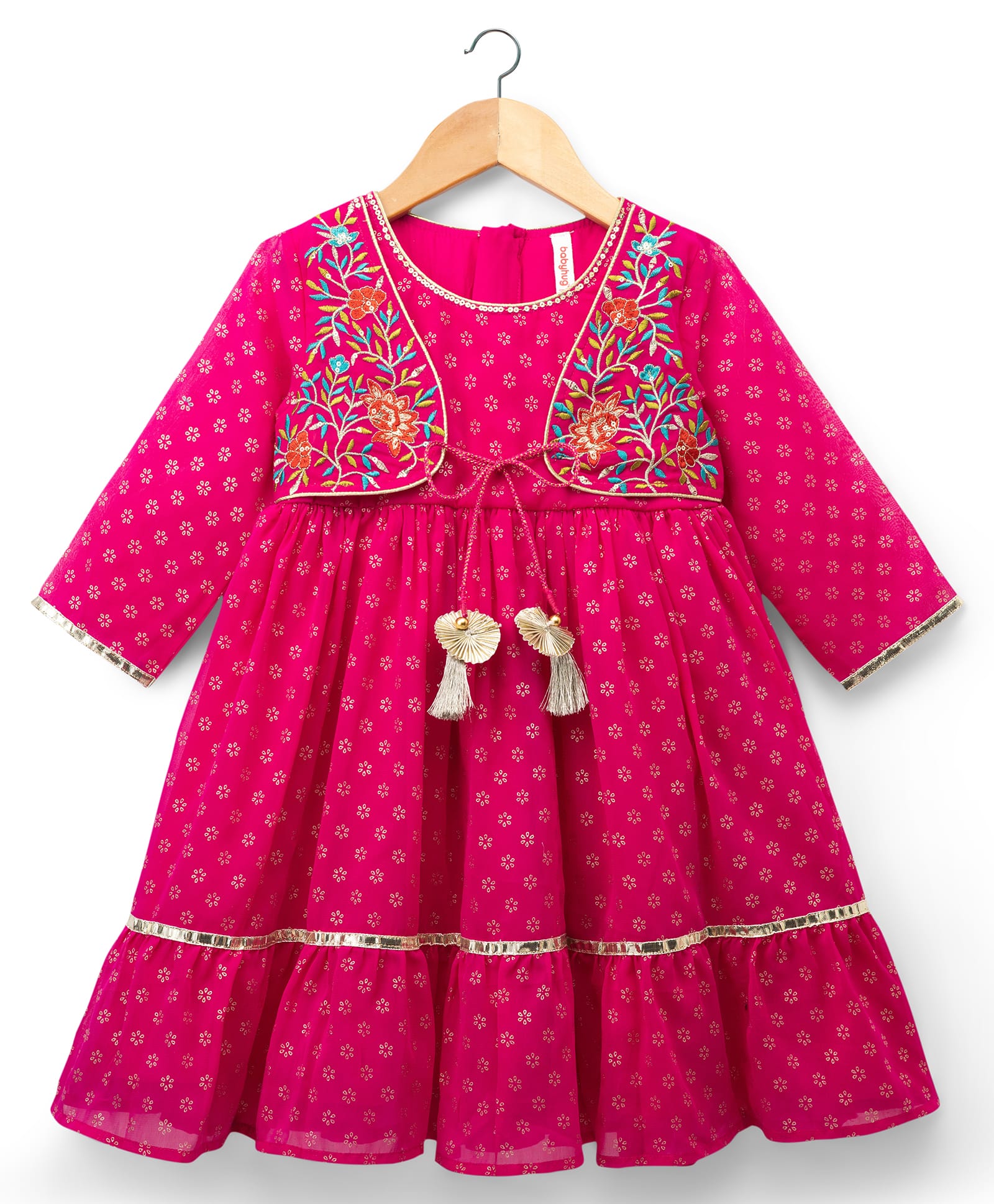 Babyhug Georgette Woven Full Sleeves Printed Ethnic Dress & Jacket With Floral Embroidery - Fuschia-picture-12