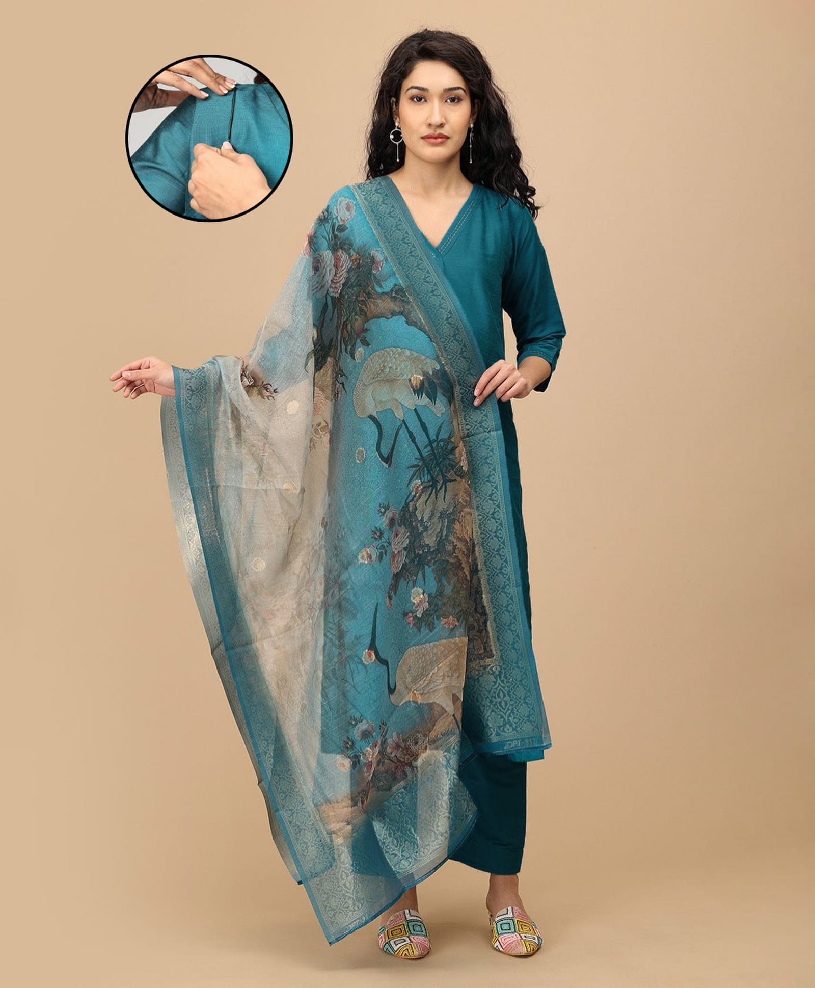 The Mom Store Silk Woven Three Fourth Sleeves Floral Solid Maternity Kurti With Front Zipper Nursing Access With Pant & Dupatta Set - Teal-image-42