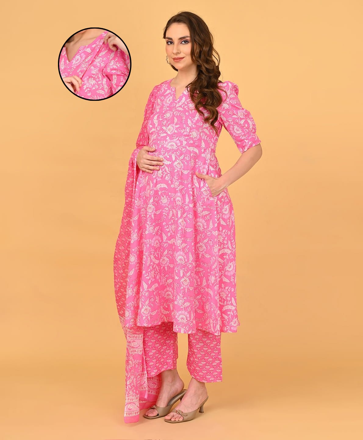 The Mom Store Cotton Woven Three Fourth Sleeves Floral Printed Maternity Kurti With Side Zipper Nursing Access - Pink-image-30
