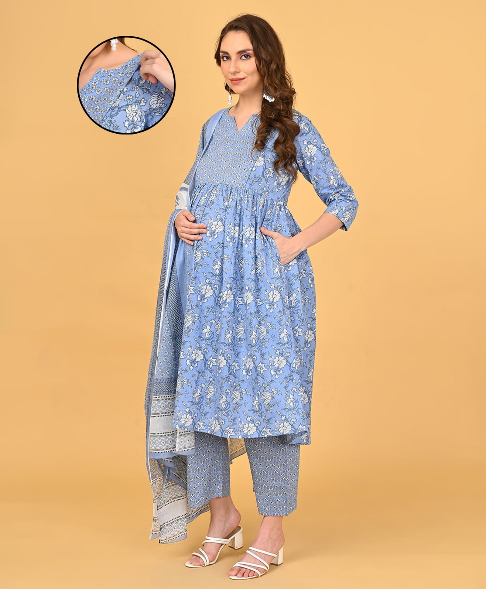 The Mom Store Cotton Woven Three Fourth Sleeves Floral Printed Maternity Kurti With Side Zipper Nursing Access With Pant & Dupatta Set - Multi Colour-image-15