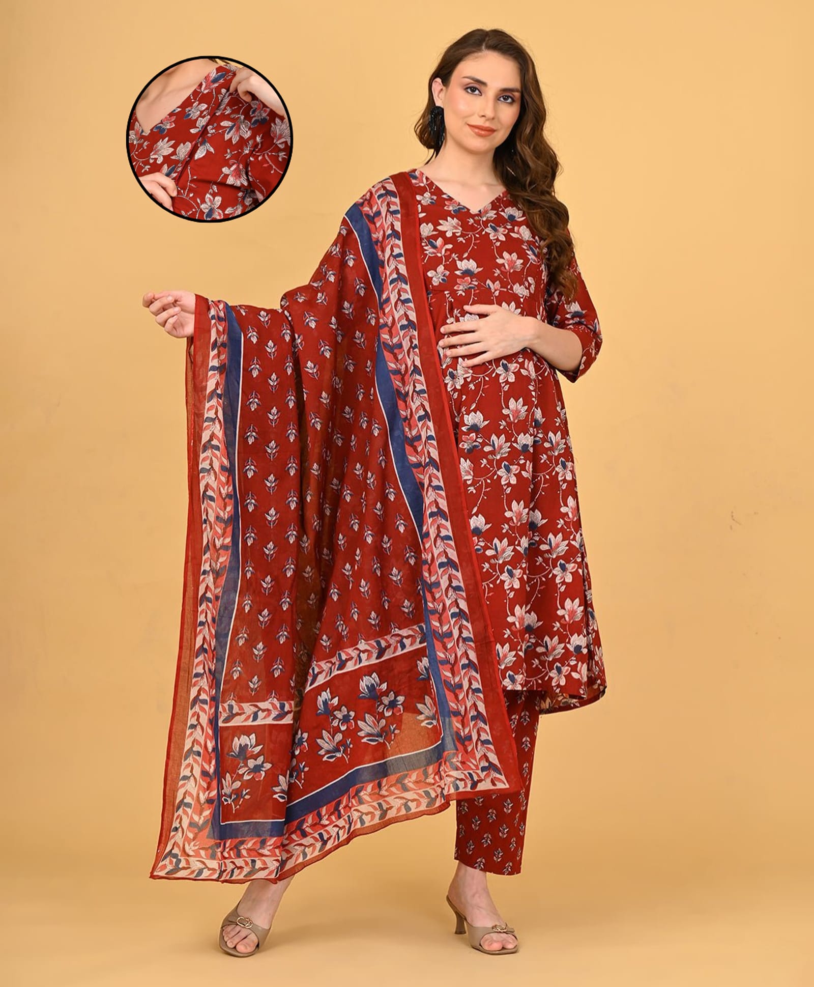 The Mom Store Cotton Woven Three Fourth Sleeves Floral Printed Maternity Kurti With Side Zipper Nursing Access With Pant & Dupatta Set - Maroon-picture-34