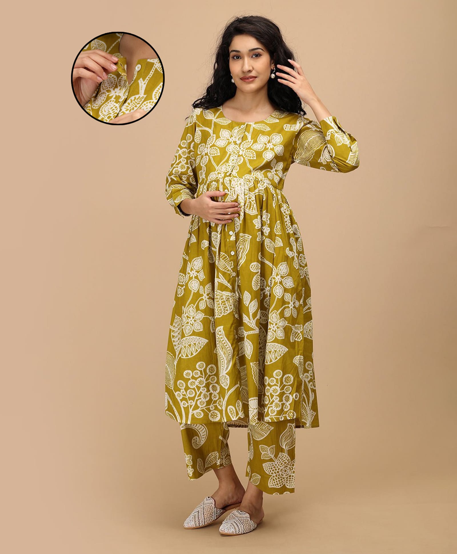 The Mom Store Cotton Woven Three Fourth Sleeves Floral Printed Maternity Kurti With Front Open Nursing Access & Pant Set - Mustard-image-28