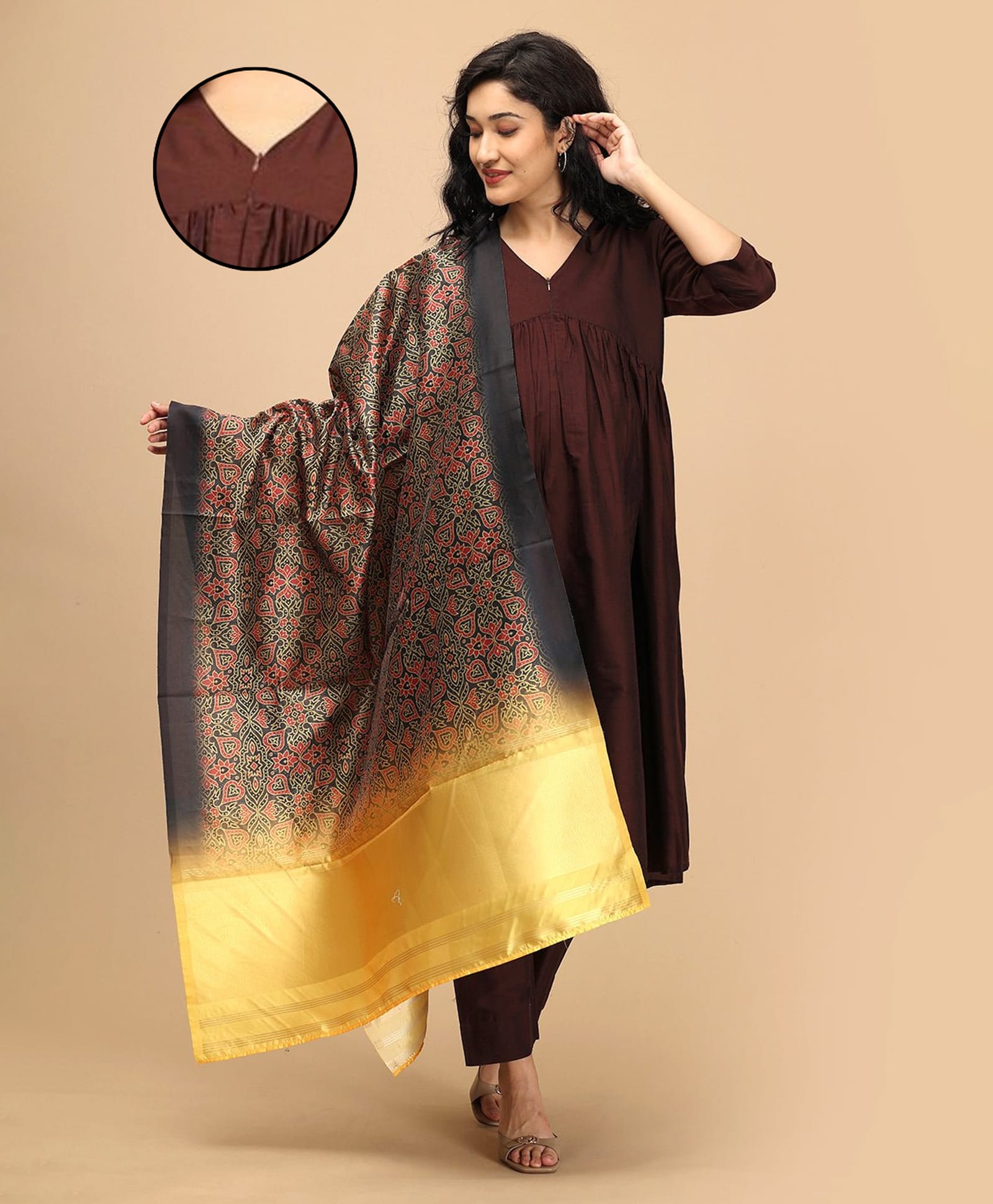 The Mom Store Silk Woven Three Fourth Sleeves Solid Maternity Kurti With Front Zipper Nursing Access With Pant & Dupatta Set - Black-picture-36