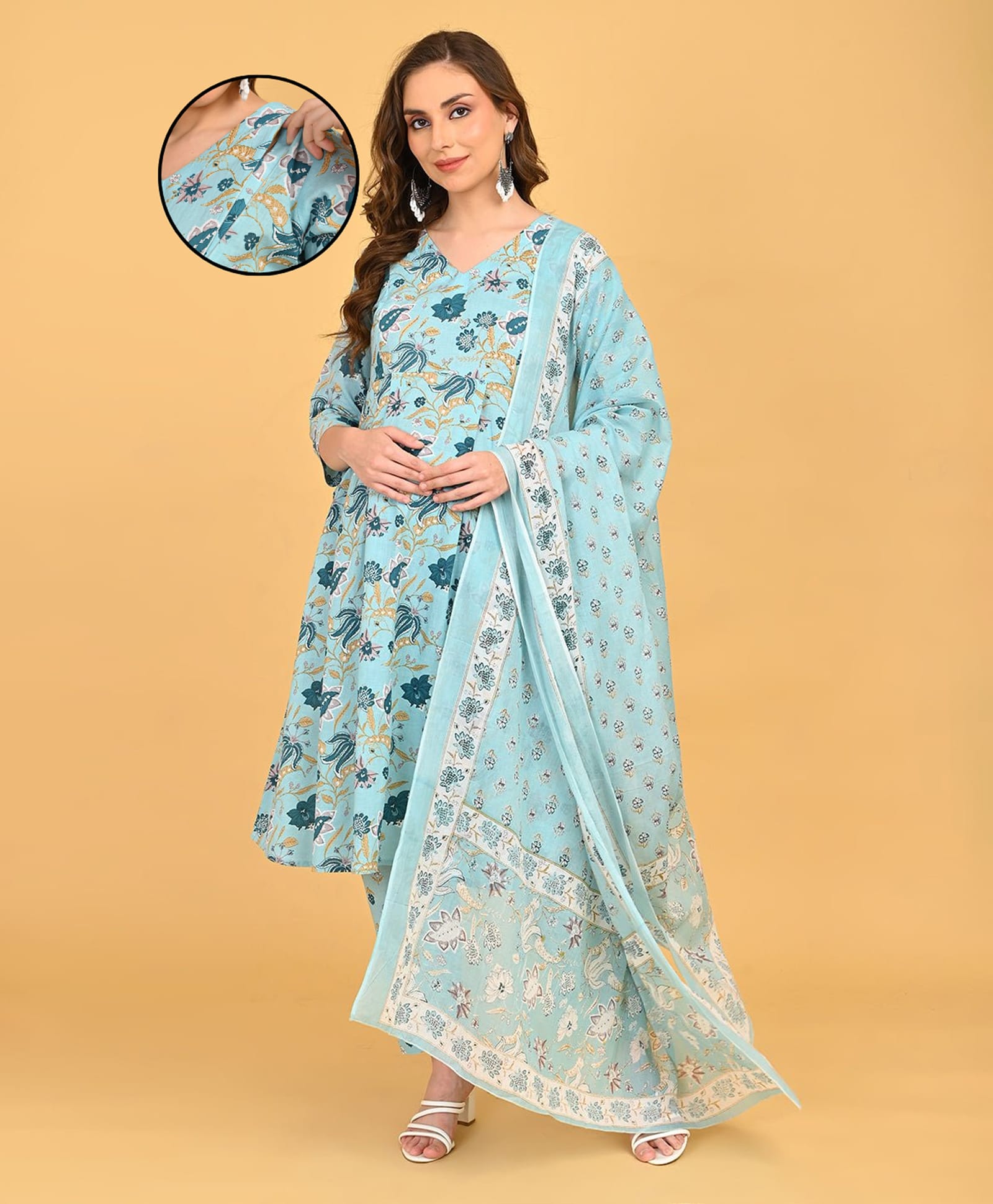 The Mom Store Cotton Woven Three Fourth Sleeves Floral Printed Maternity Kurti With Side Zipper Nursing Access & Pants With Dupatta Set - Sky Blue-picture-25