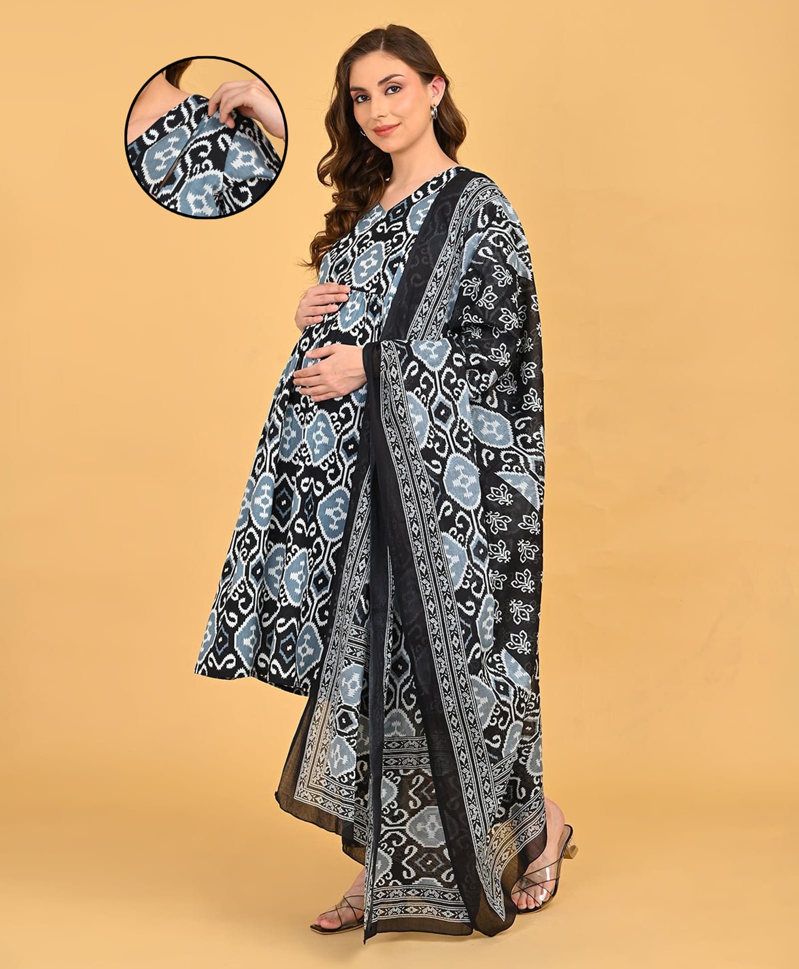 The Mom Store Cotton Woven Three Fourth Sleeves Maternity And Nursing Kurta Set With Dupatta - Black-image-30