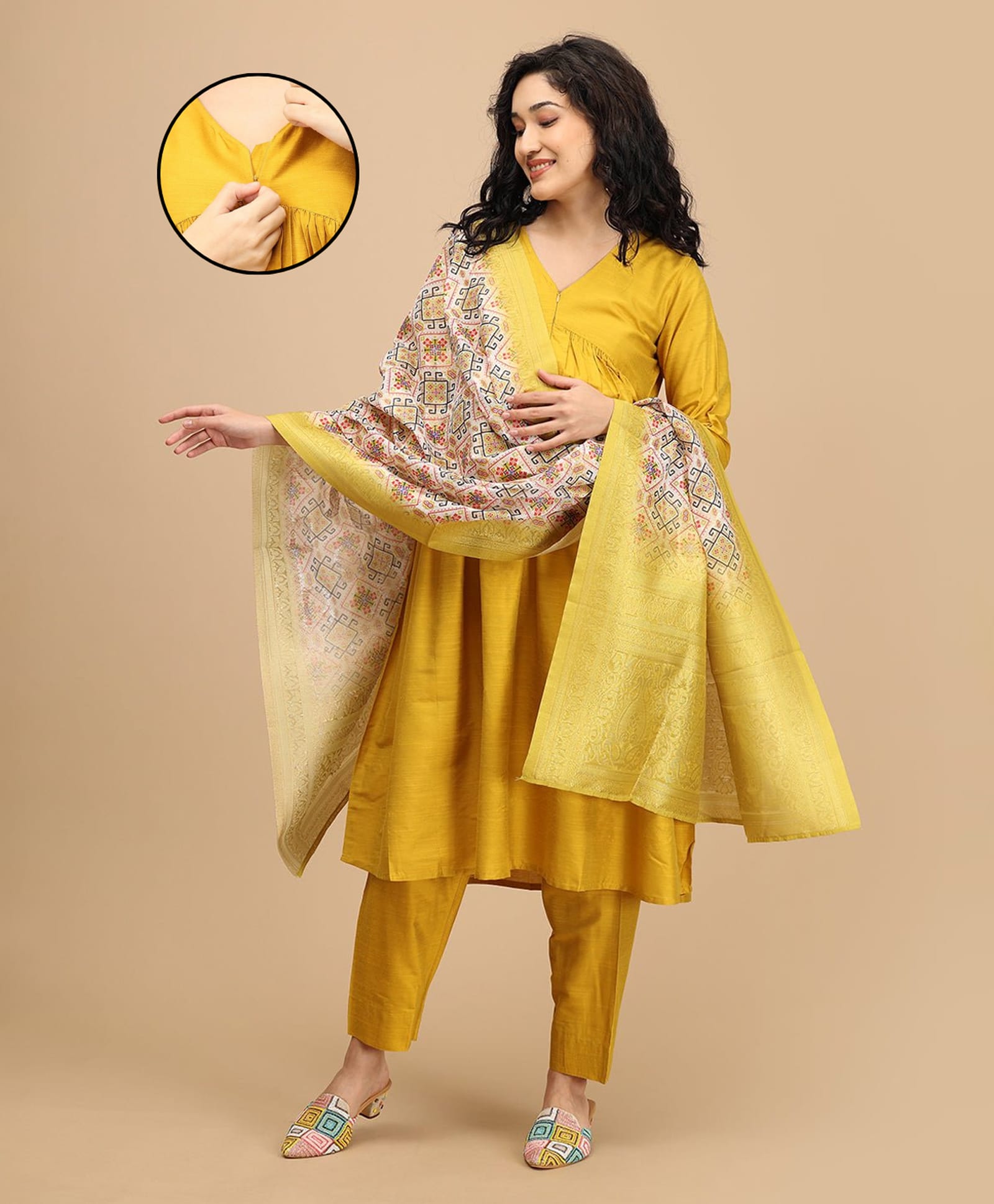 The Mom Store Silk Woven Three Fourth Sleeves Floral Solid Maternity Kurti With Front Zipper Nursing Access With Pant & Dupatta Set - Yellow-picture-14