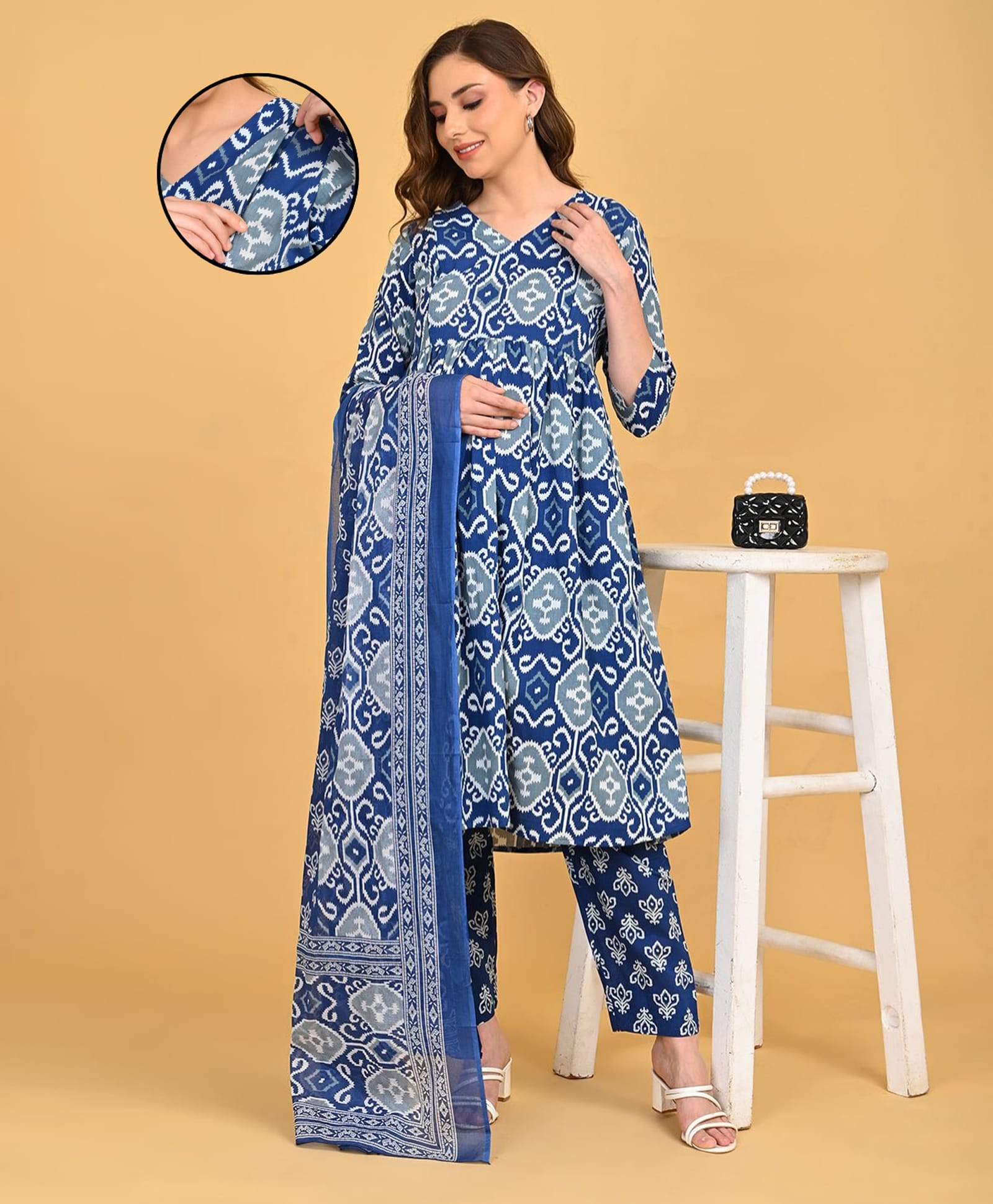 The Mom Store Cotton Woven Three Fourth Sleeves Abstract Printed Maternity Kurti With Side Zipper Nursing Access With Pant & Dupatta Set - Blue-picture-23